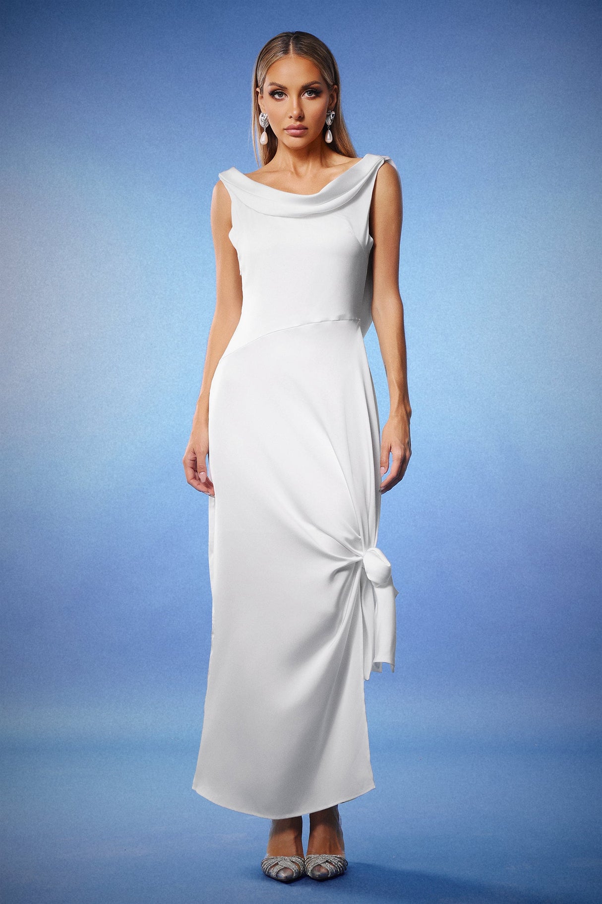 Assuntina White Sleeveless Cowl Neck Side Knot Fishtail Hem Formal Dress