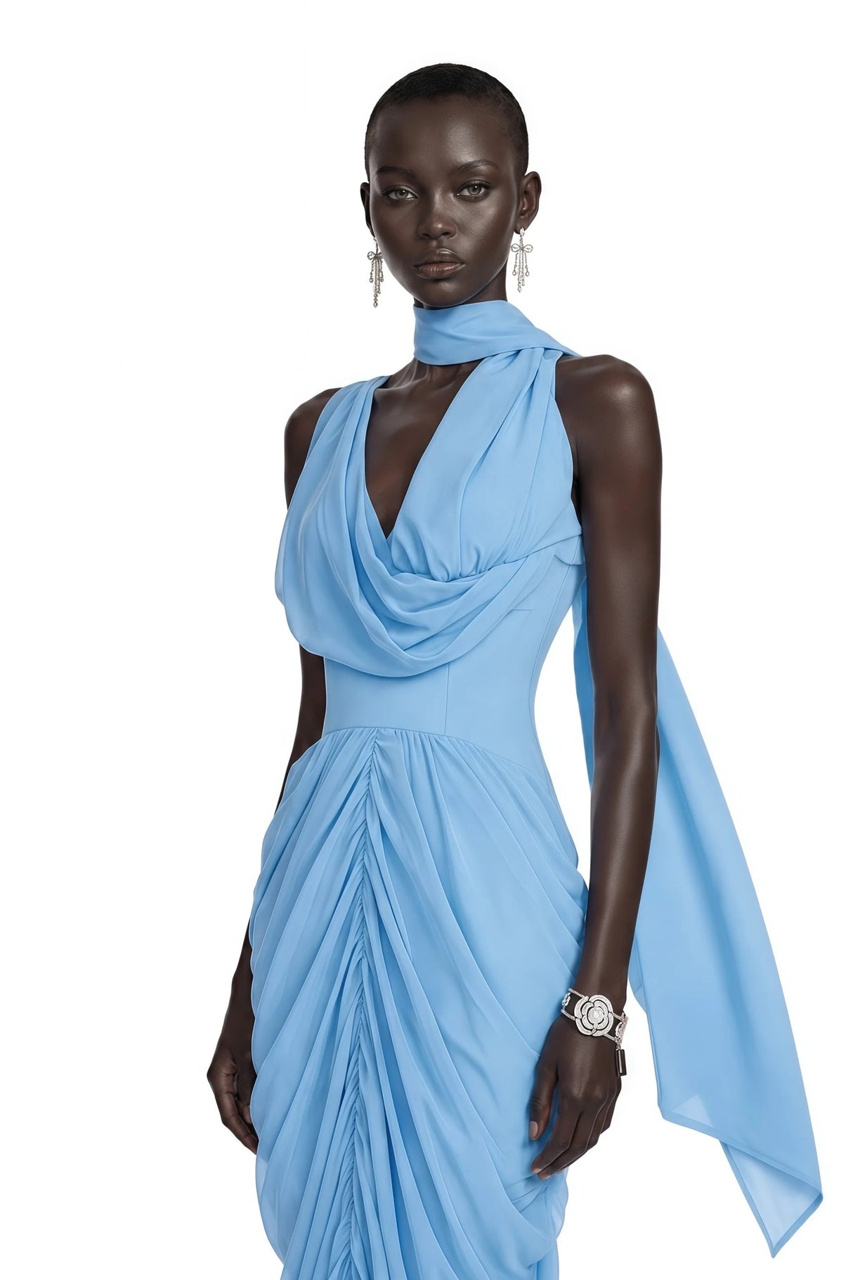 Astraelle Light Blue Ruched Halter Maxi Dress