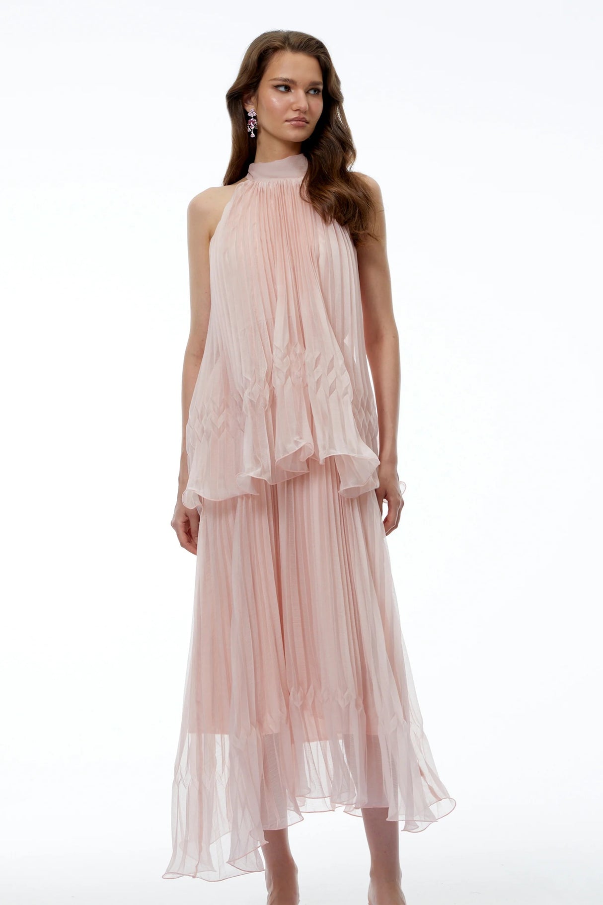 Atawhai Pink Sleeveless Pleated Midi Dress