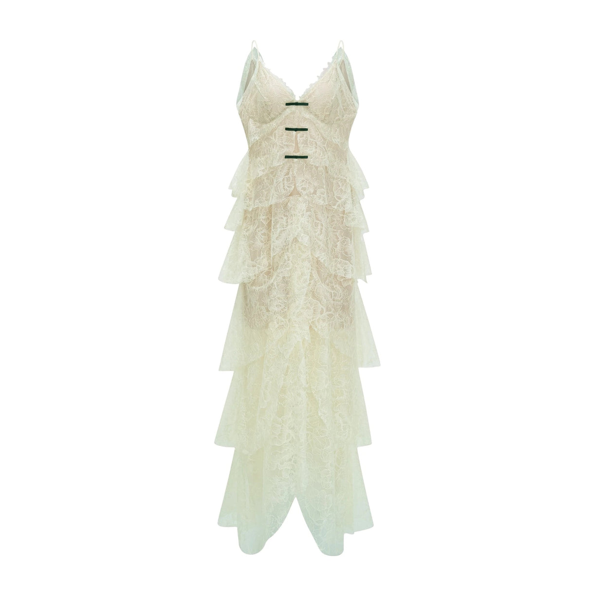 Atousa Green Layered Floral Lace Maxi Dress with Bow