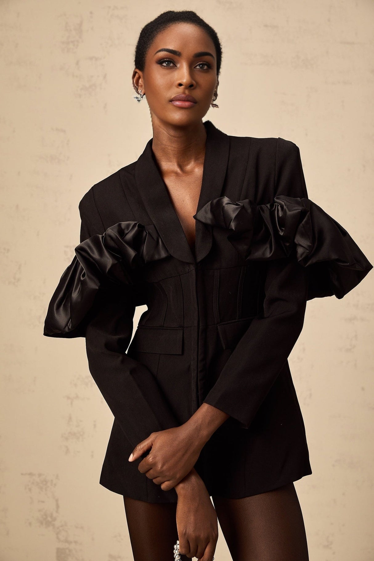 Aubree Blazer - Shawl Lapels - Boned Waist - Ruffled Detailing - Panelled Design