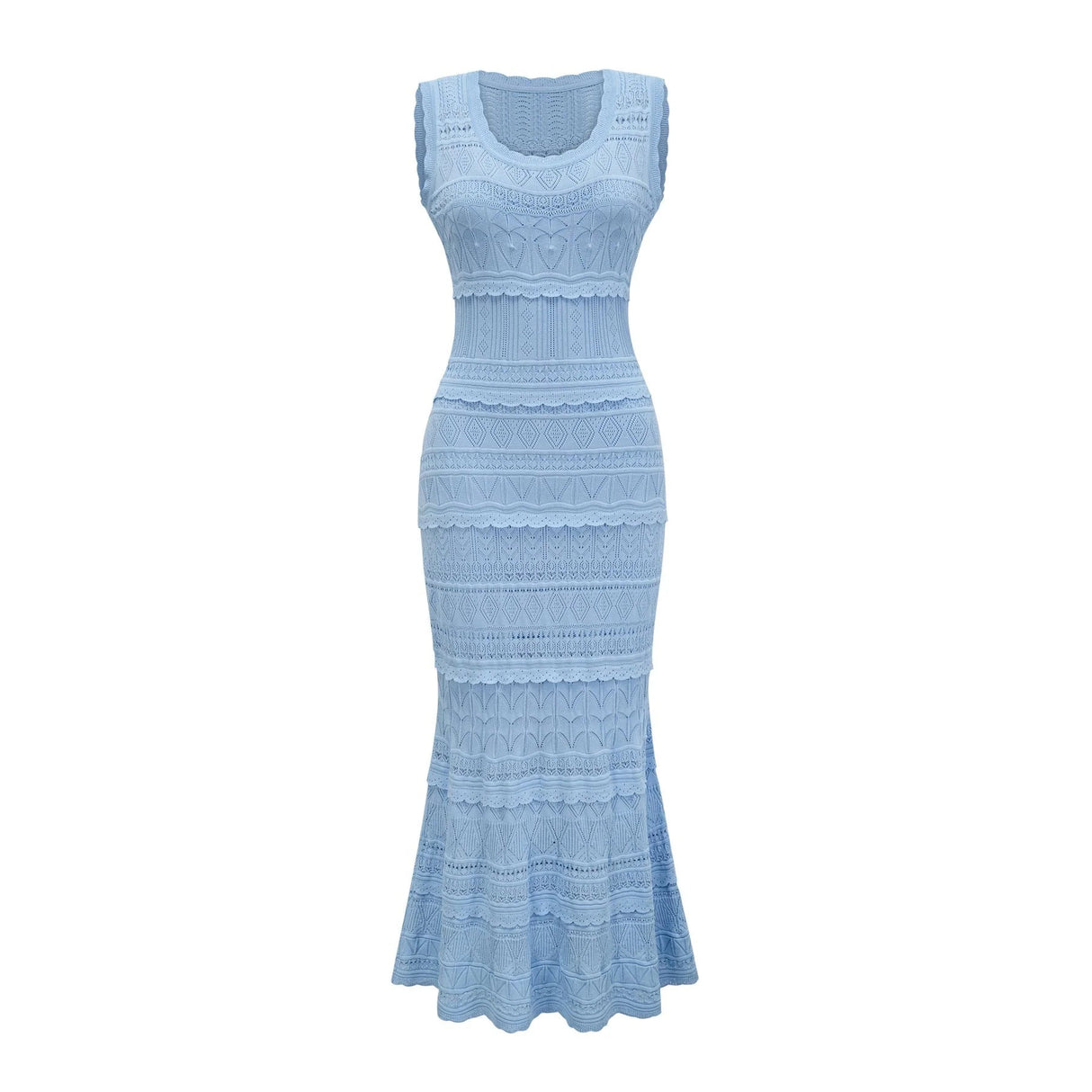 Aubree Midi Dress Blue Crochet - Knit Ruffled Trim