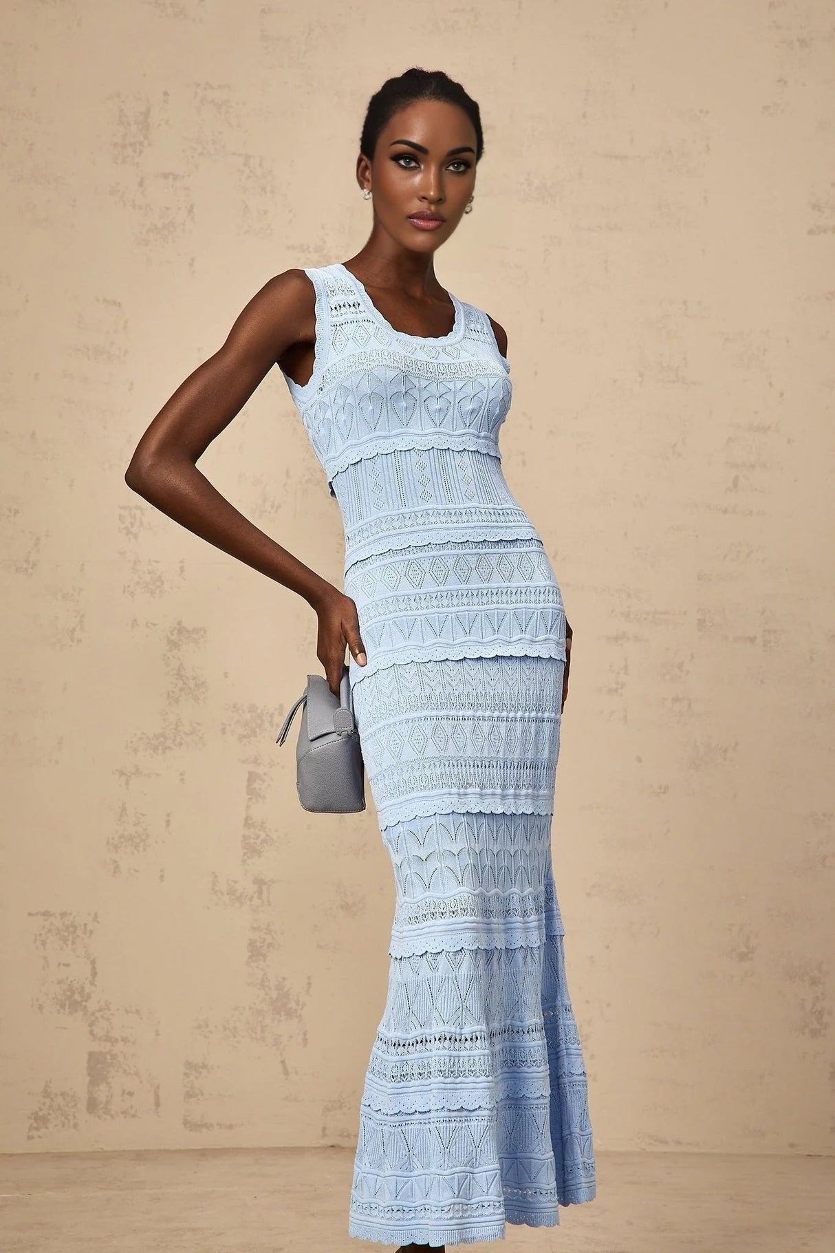 Aubree Midi Dress Blue Crochet - Knit Ruffled Trim