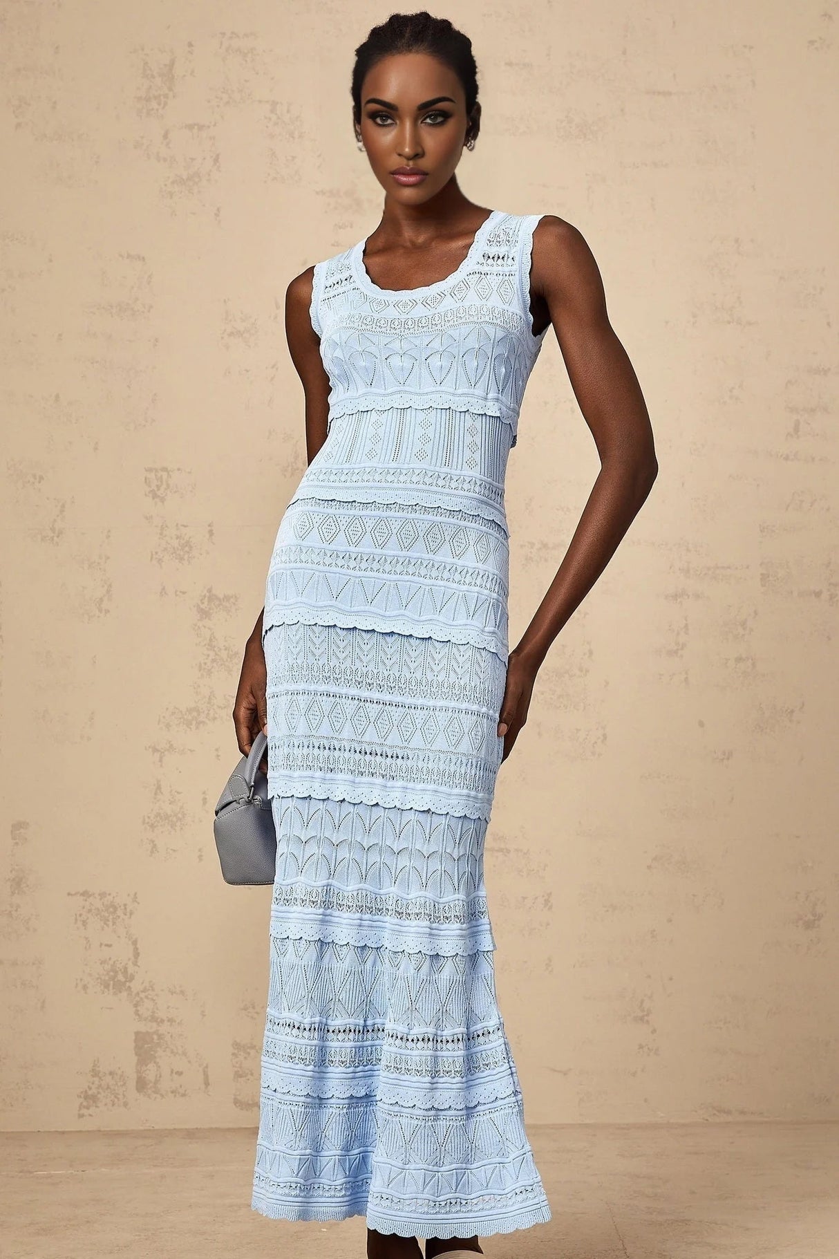 Aubree Midi Dress Blue Crochet - Knit Ruffled Trim