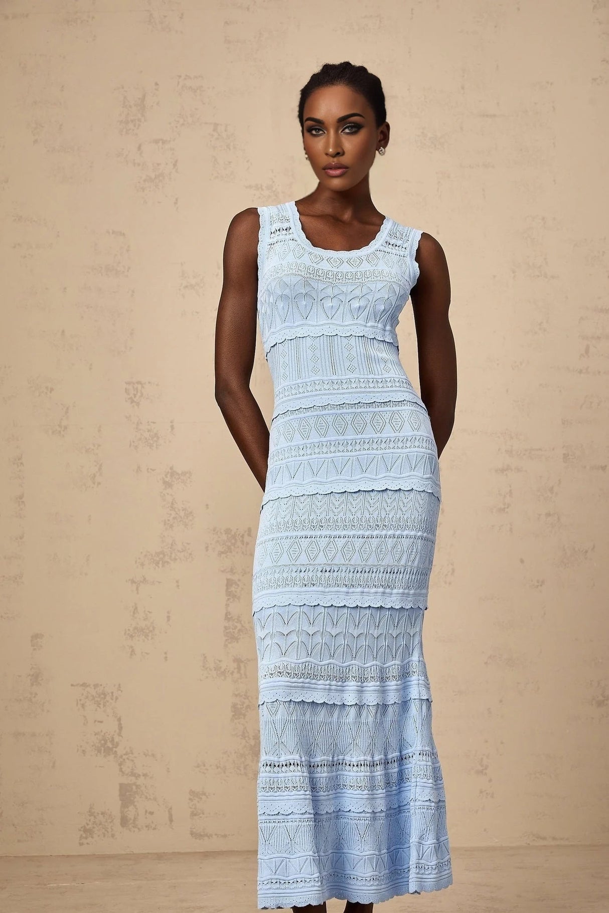 Aubree Midi Dress Blue Crochet - Knit Ruffled Trim