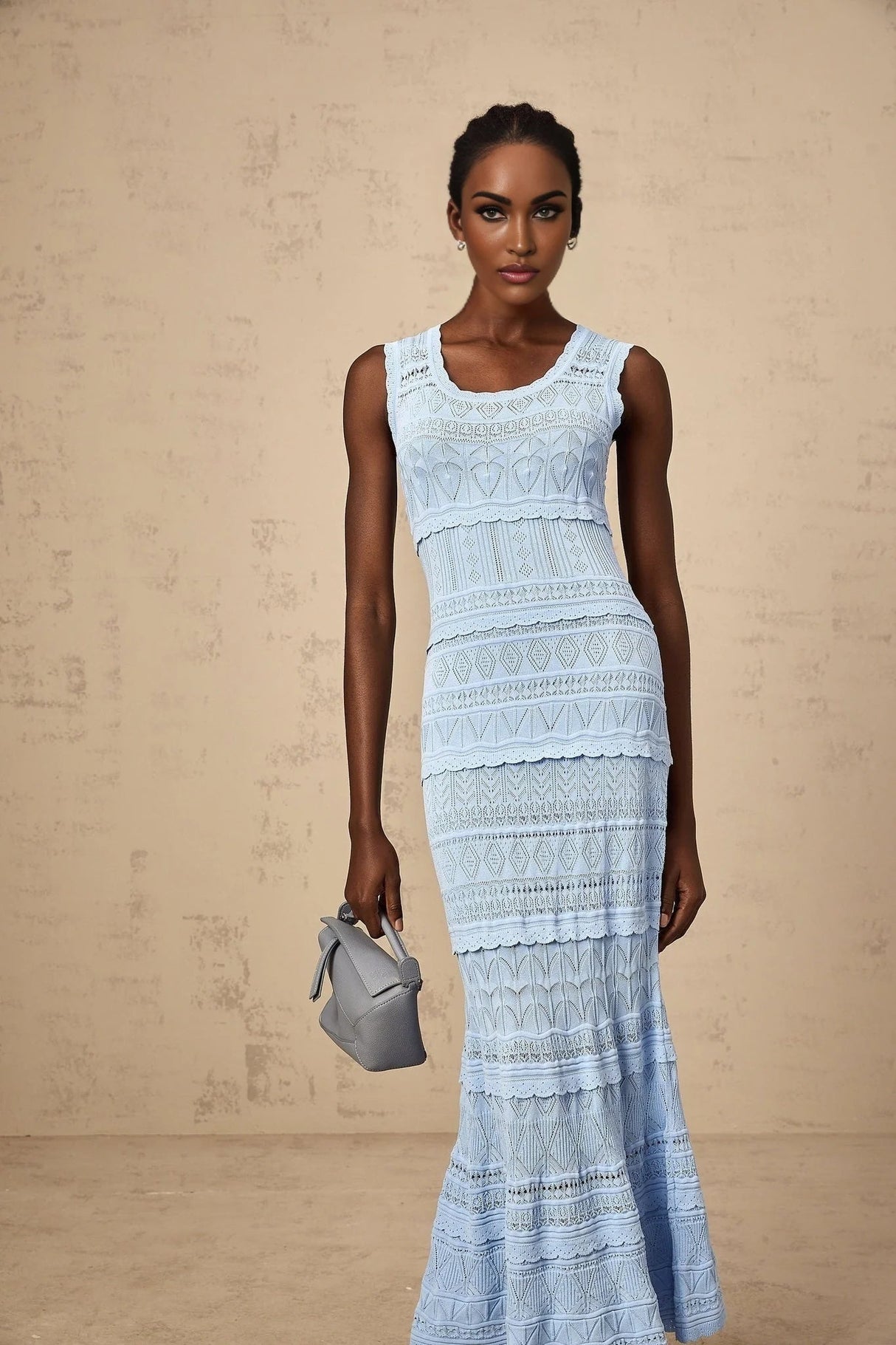 Aubree Midi Dress Blue Crochet - Knit Ruffled Trim