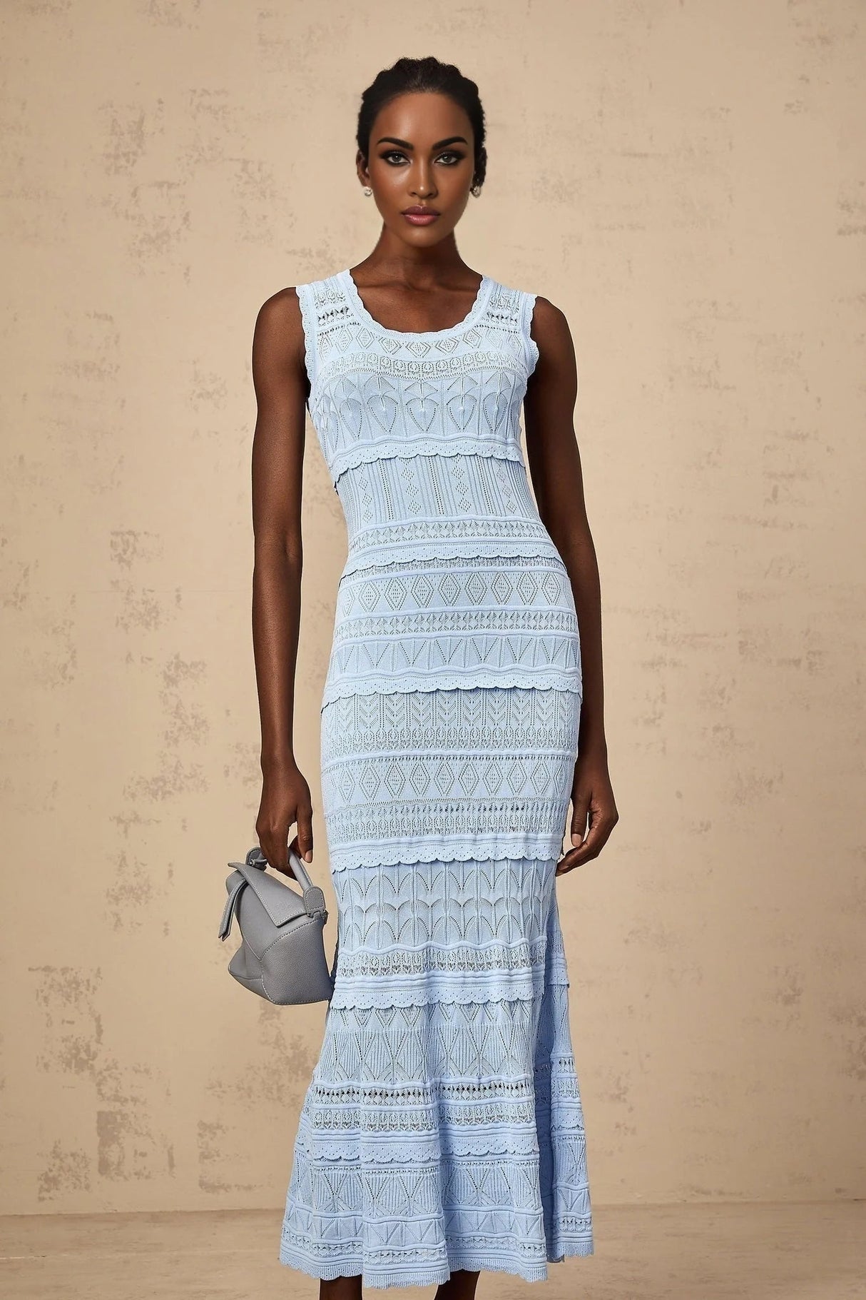 Aubree Midi Dress Blue Crochet - Knit Ruffled Trim