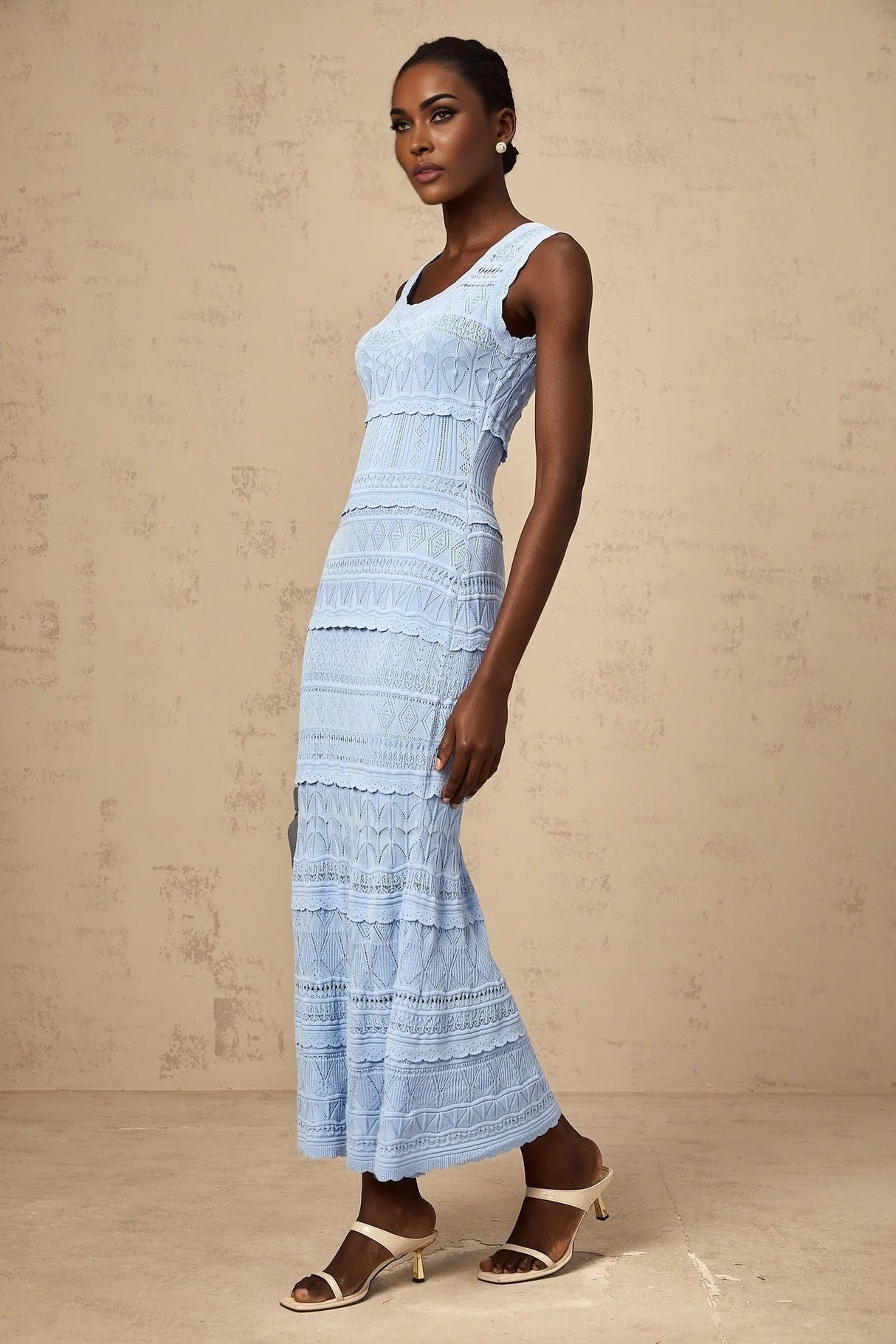 Aubree Midi Dress Blue Crochet - Knit Ruffled Trim