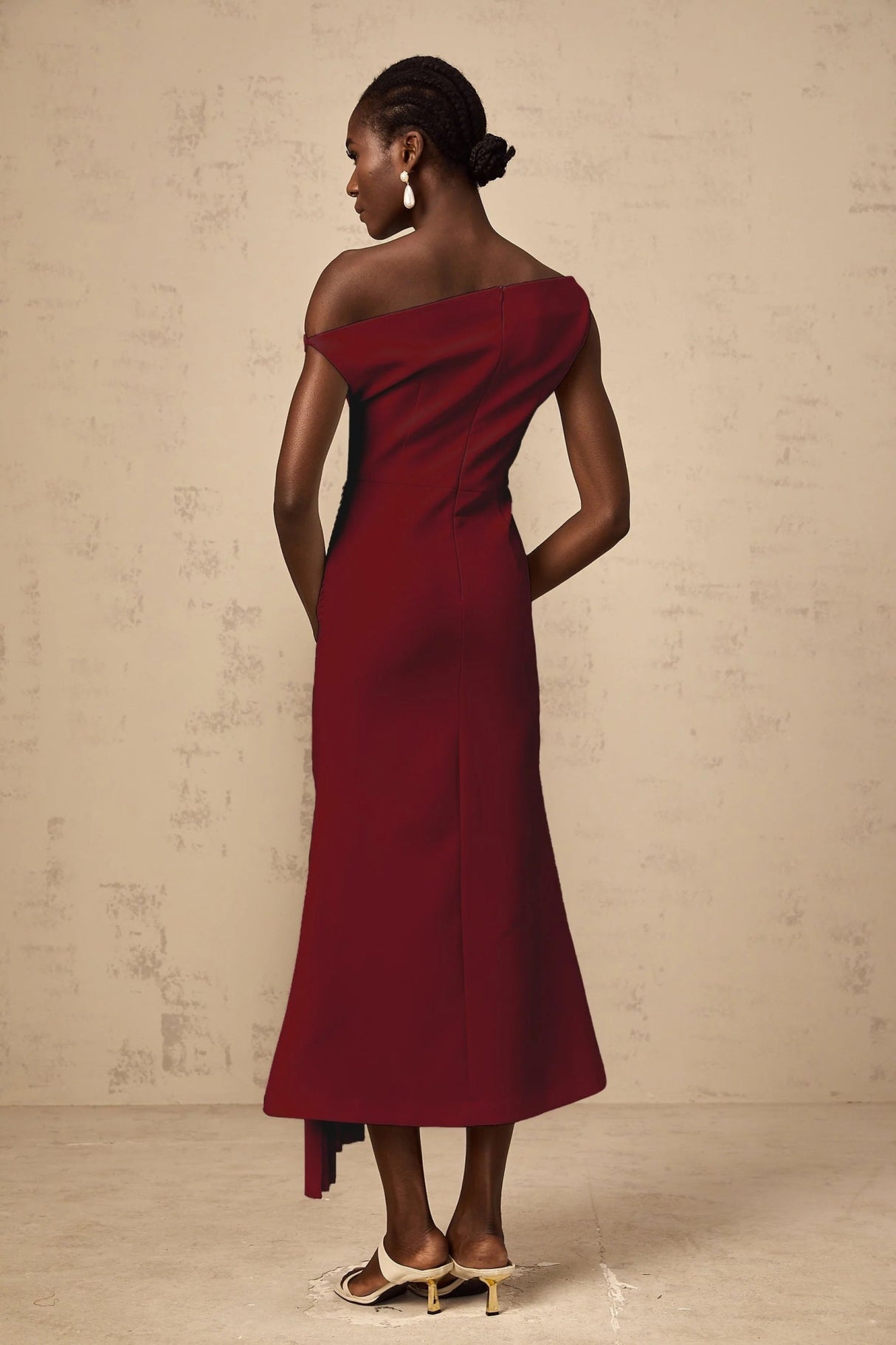 Aubree Midi Dress Red Pleated Draped Calf - Length Zip Fastening