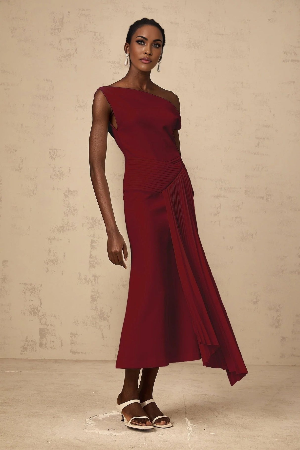 Aubree Midi Dress Red Pleated Draped Calf - Length Zip Fastening