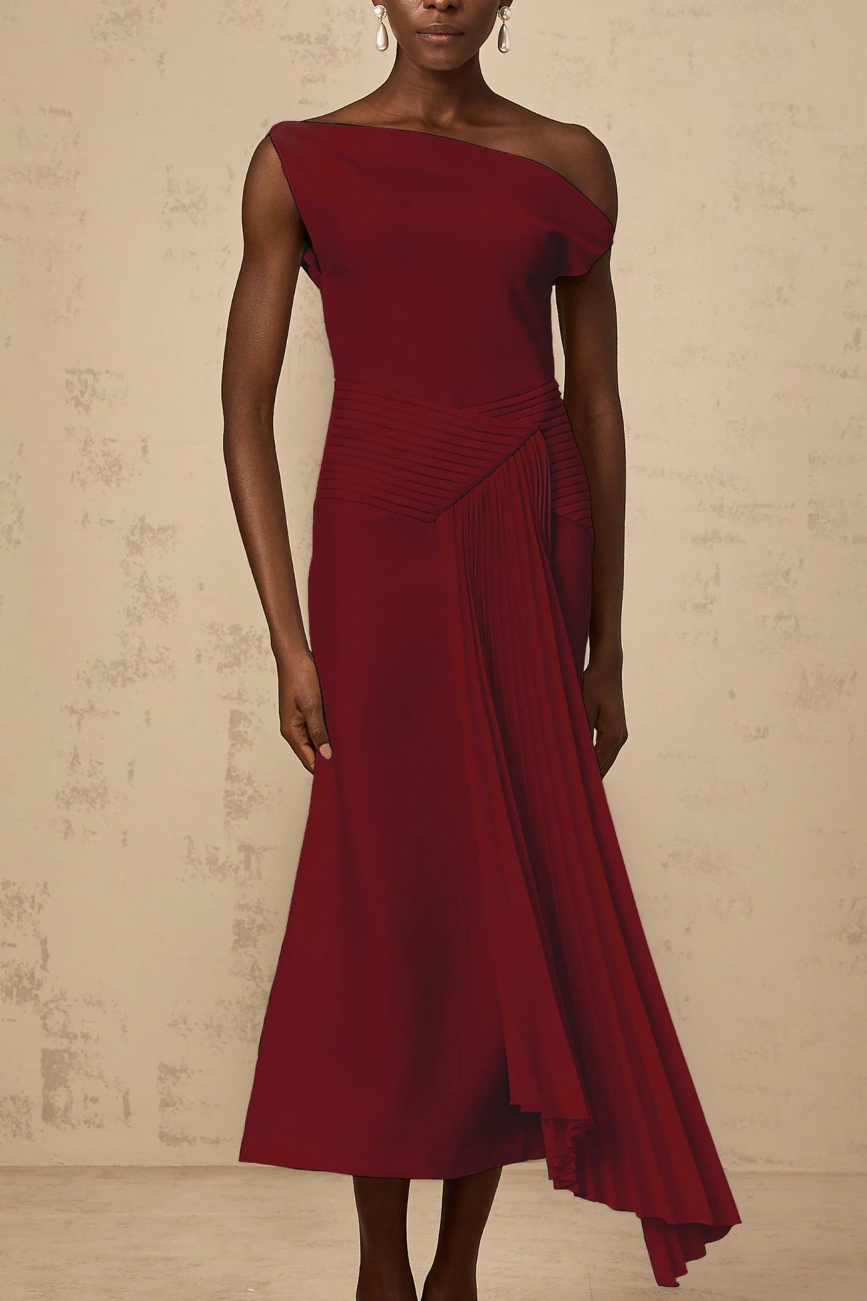 Aubree Midi Dress Red Pleated Draped Calf - Length Zip Fastening