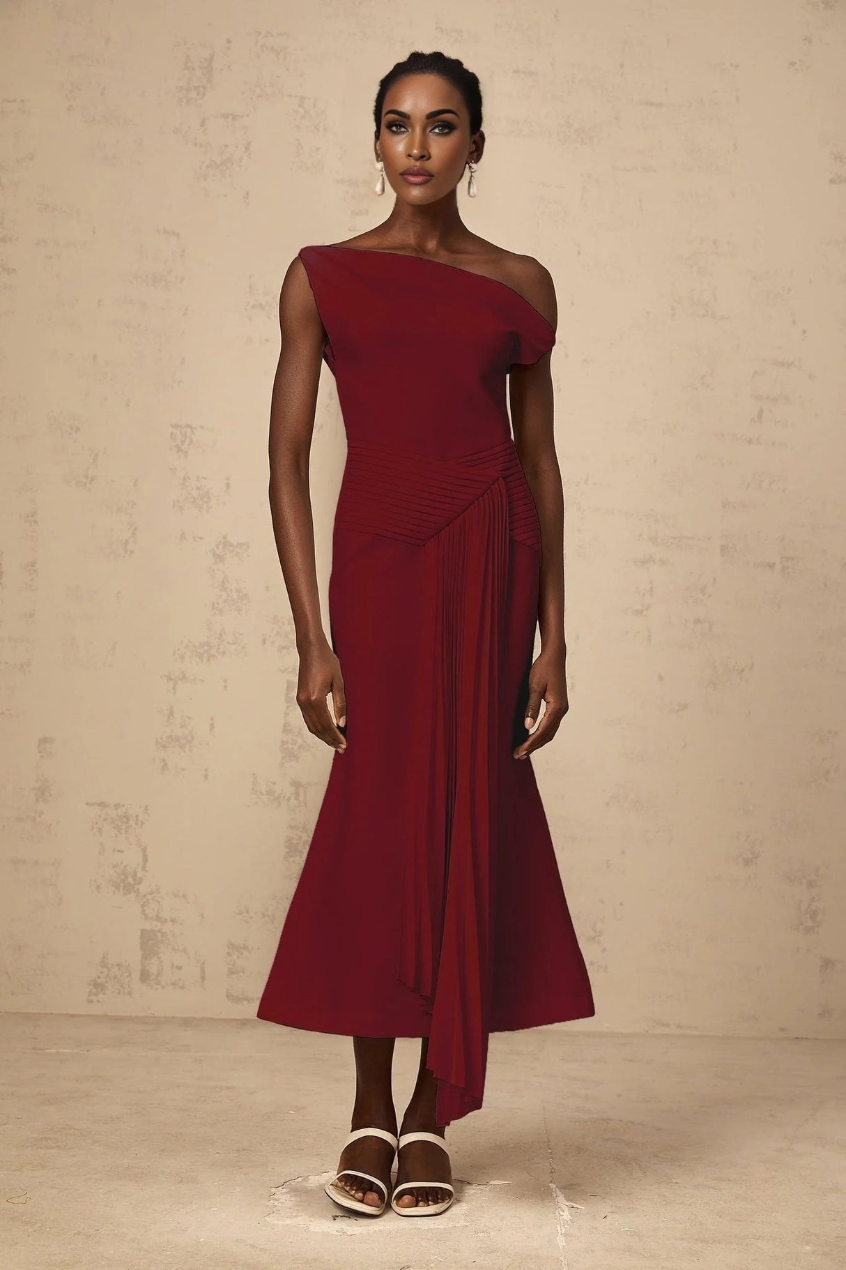 Aubree Midi Dress Red Pleated Draped Calf - Length Zip Fastening