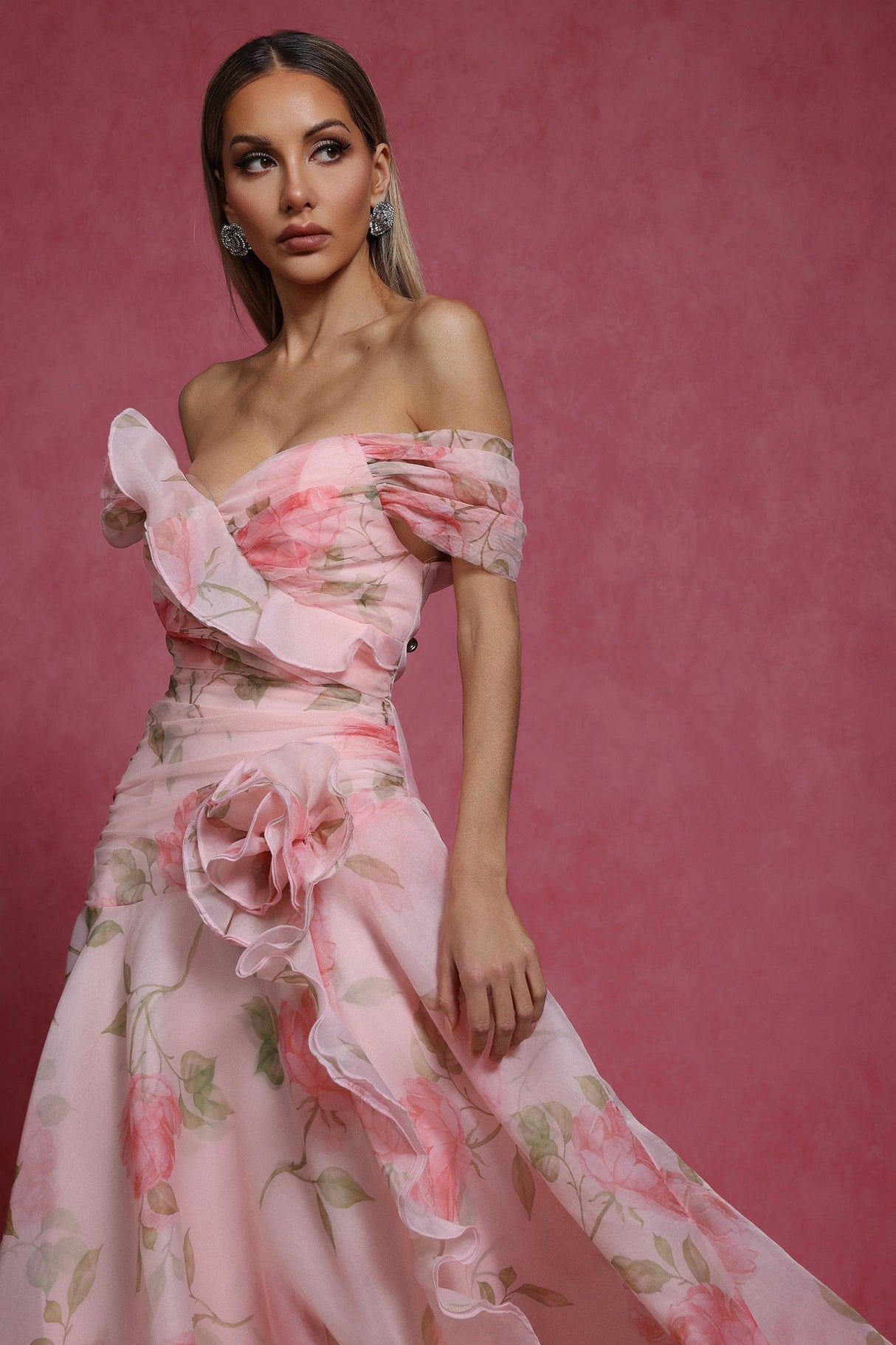 Aubree Pink Floral Off-Shoulder Dress