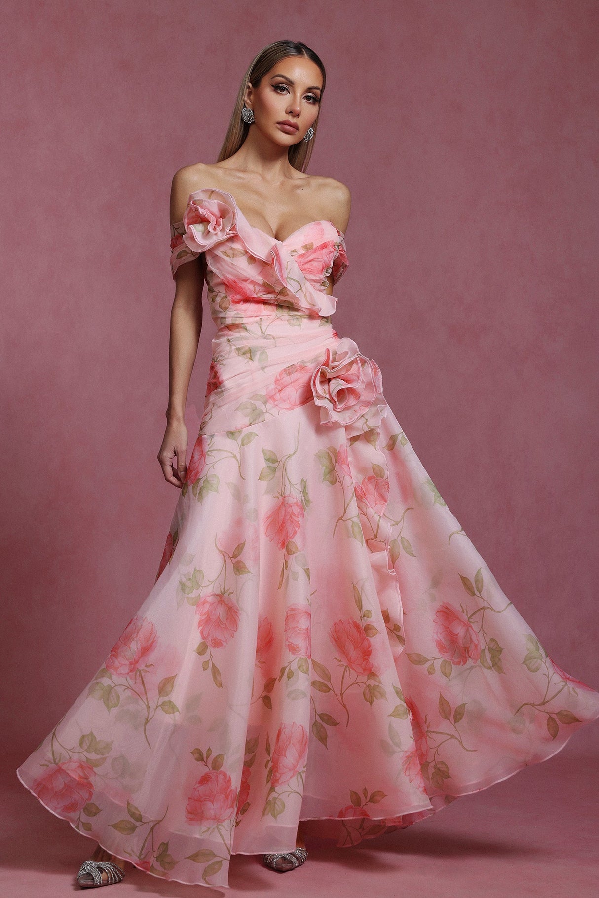 Aubree Pink Floral Off-Shoulder Ruffle Dress