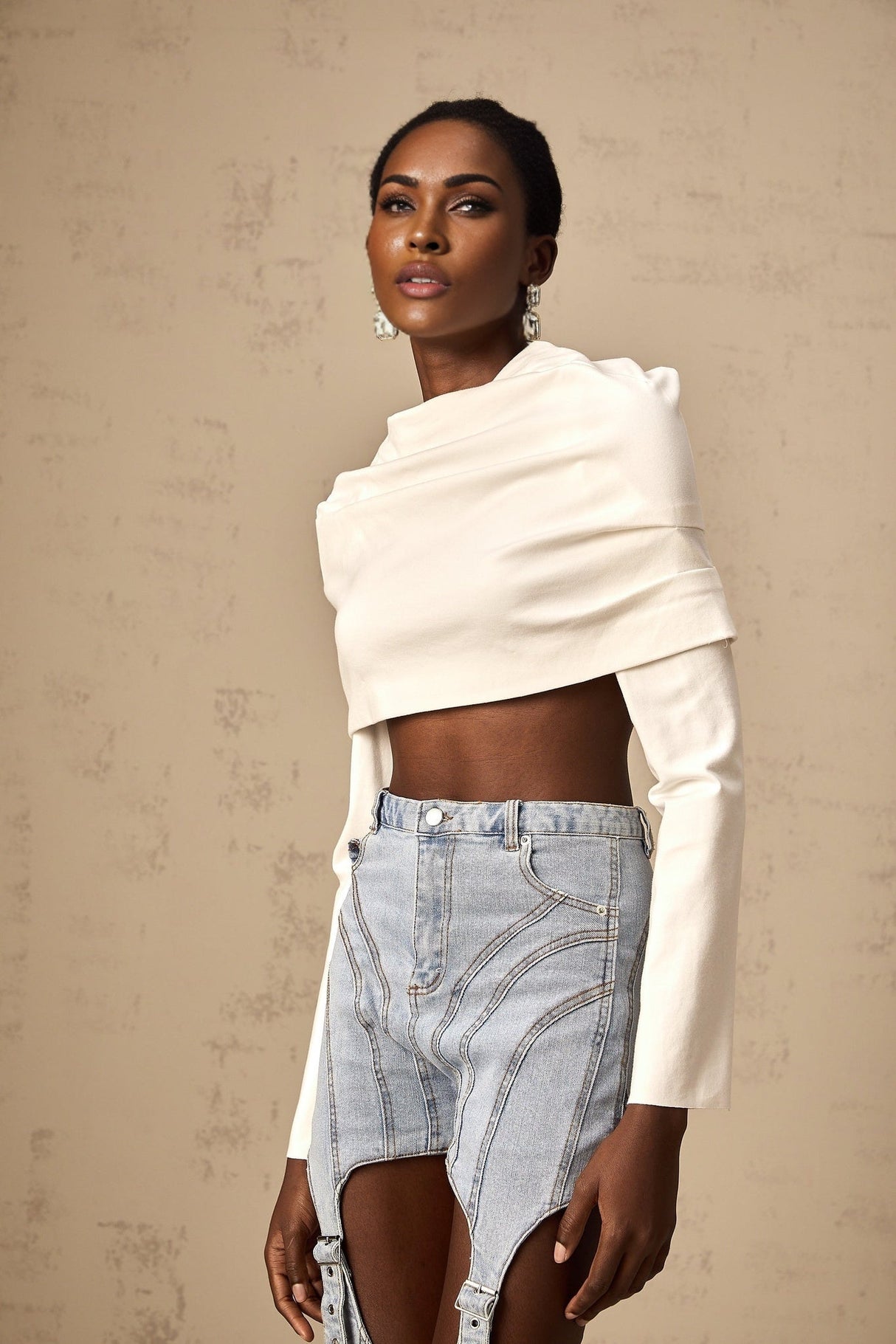 Aubrey Cropped Top - Long Sleeve - Cowl Neck - Off the Shoulder - Ruched Detailing