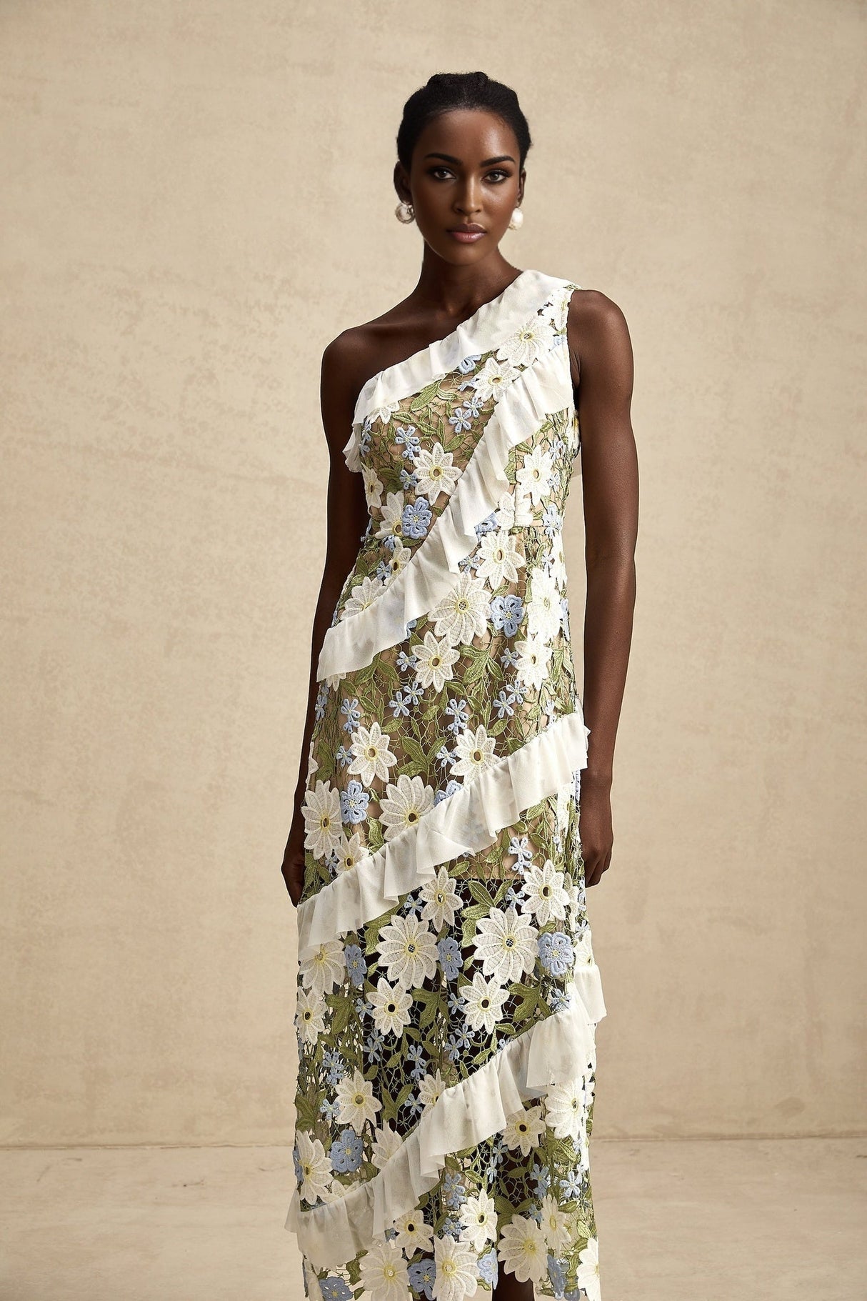 Aubrey Floral Midi Dress - Single Shoulder Design - Guipure Lace Accents - Floral Embroidery - Ruffle Detail