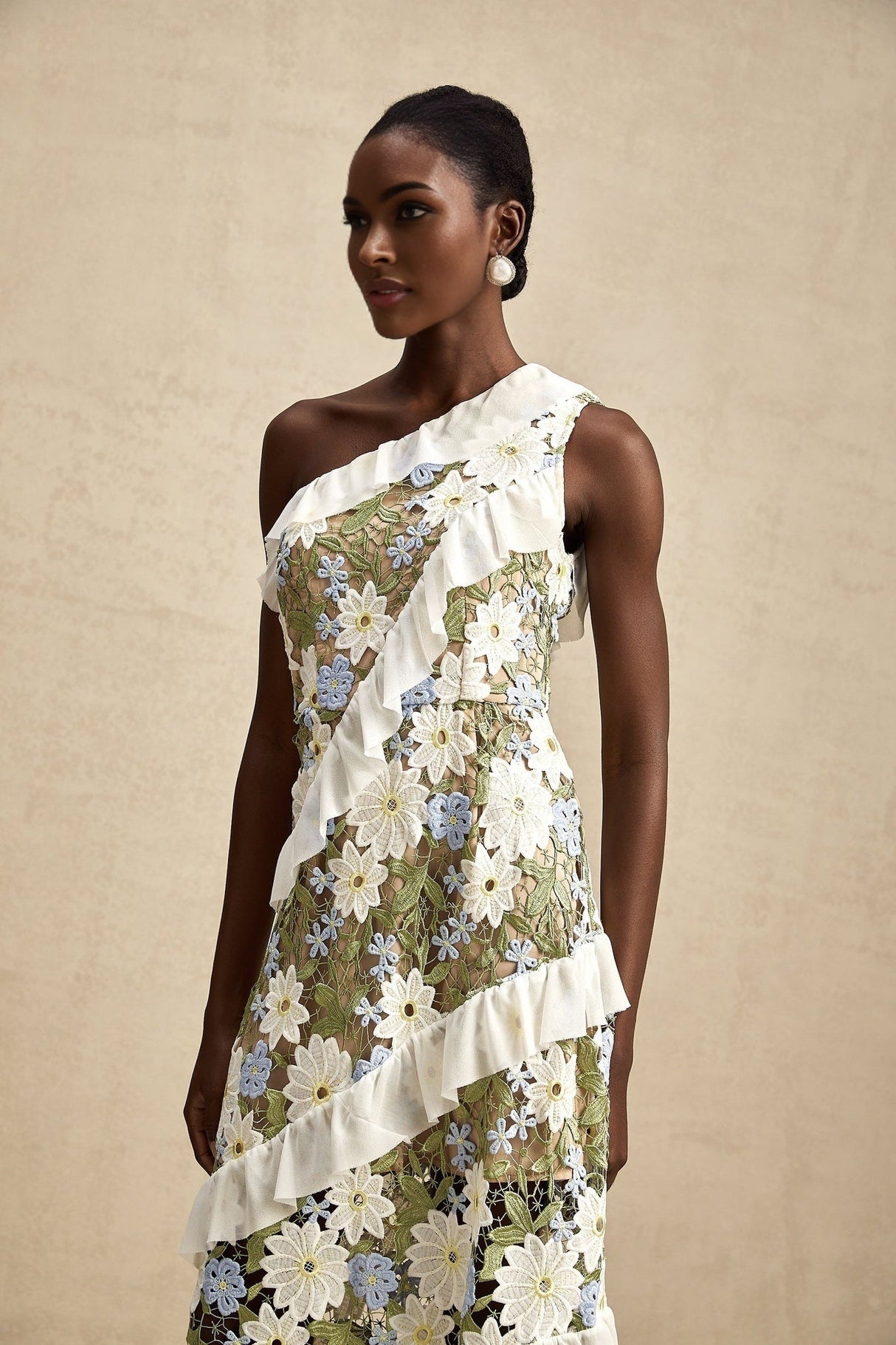 Aubrey Floral Midi Dress - Single Shoulder Design - Guipure Lace Accents - Floral Embroidery - Ruffle Detail