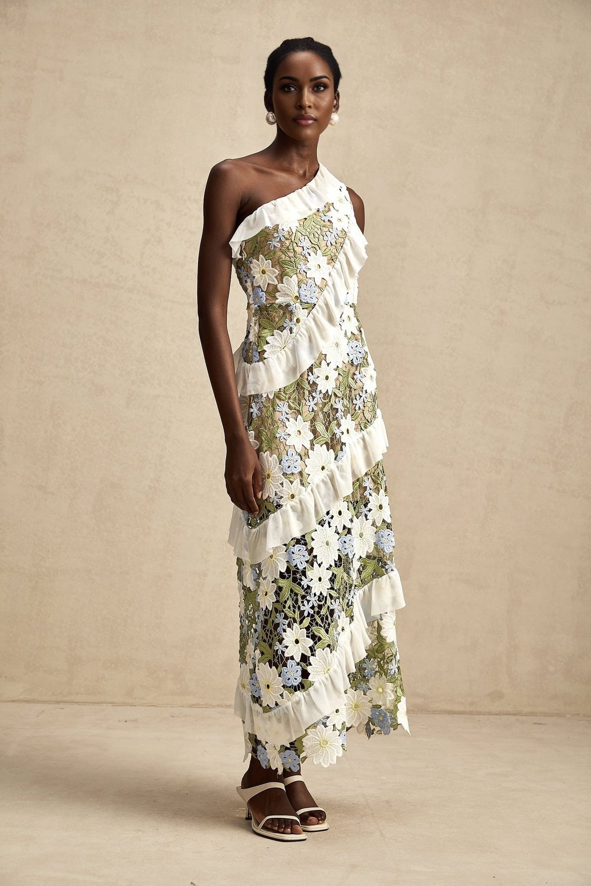 Aubrey Floral Midi Dress - Single Shoulder Design - Guipure Lace Accents - Floral Embroidery - Ruffle Detail