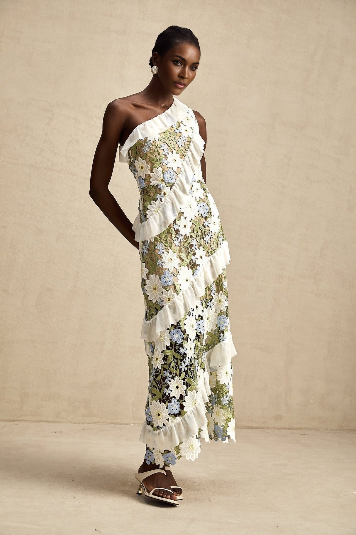 Aubrey Floral Midi Dress - Single Shoulder Design - Guipure Lace Accents - Floral Embroidery - Ruffle Detail