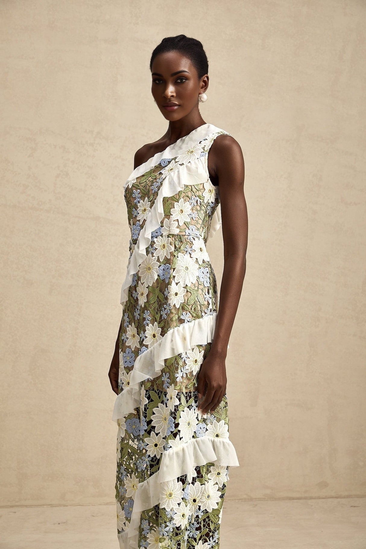 Aubrey Floral Midi Dress - Single Shoulder Design - Guipure Lace Accents - Floral Embroidery - Ruffle Detail