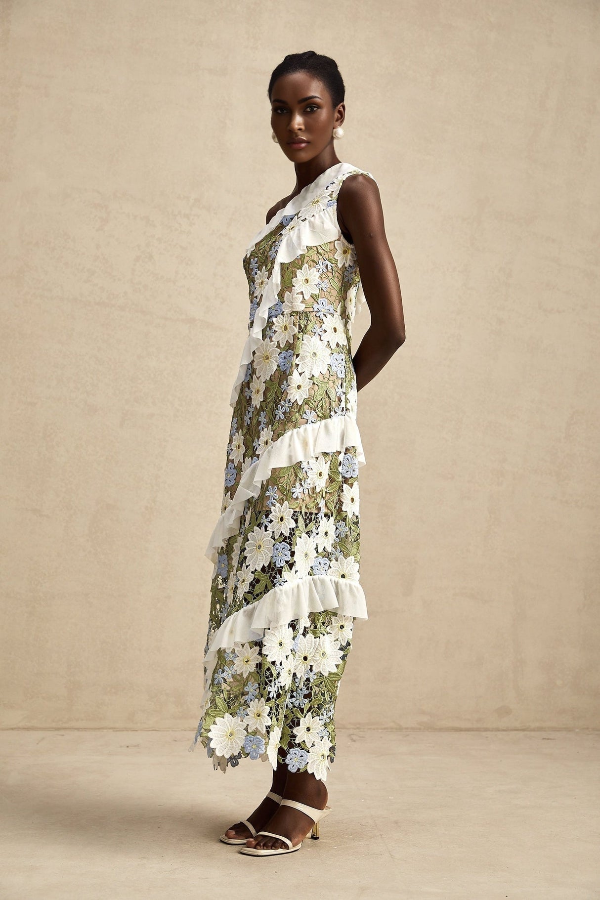 Aubrey Floral Midi Dress - Single Shoulder Design - Guipure Lace Accents - Floral Embroidery - Ruffle Detail