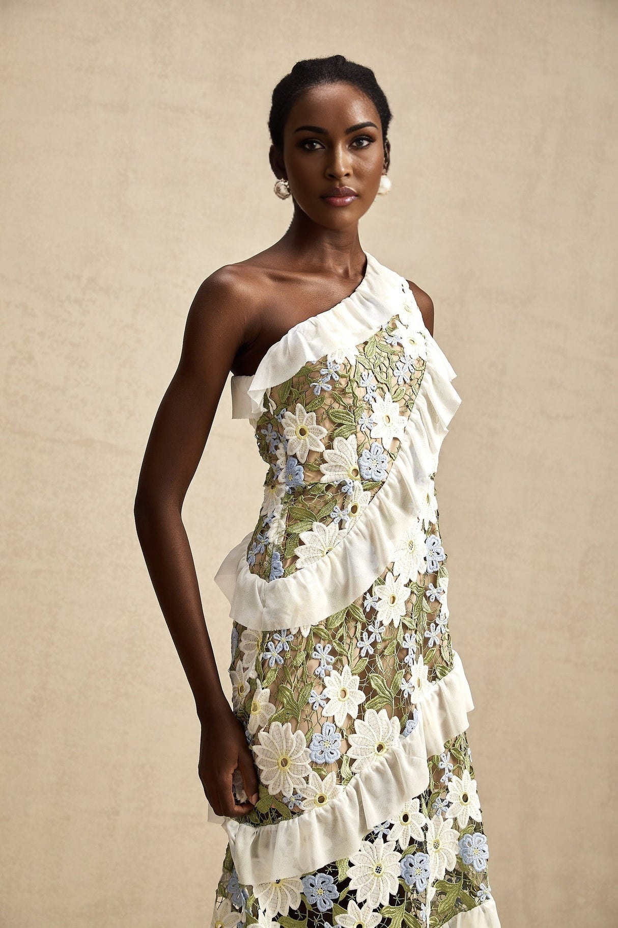Aubrey Floral Midi Dress - Single Shoulder Design - Guipure Lace Accents - Floral Embroidery - Ruffle Detail