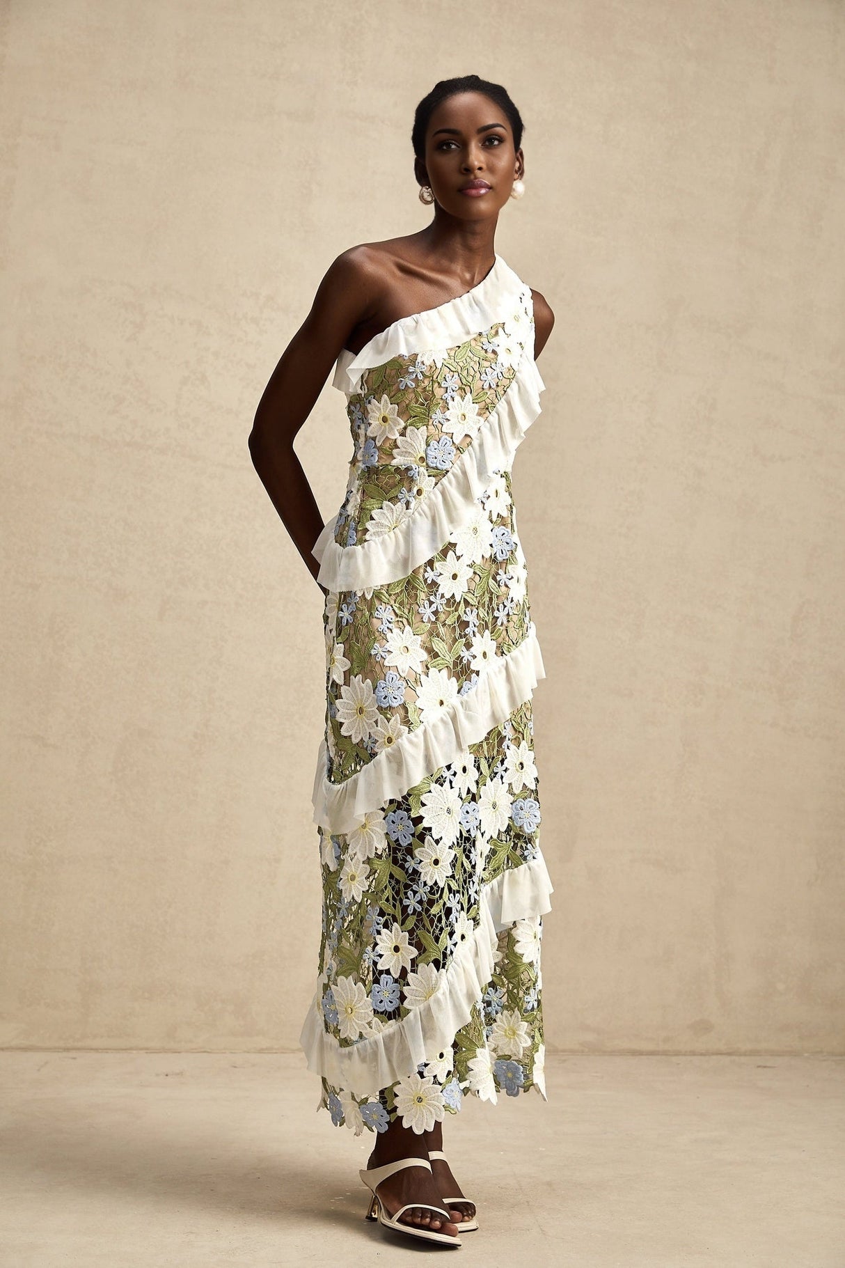 Aubrey Floral Midi Dress - Single Shoulder Design - Guipure Lace Accents - Floral Embroidery - Ruffle Detail