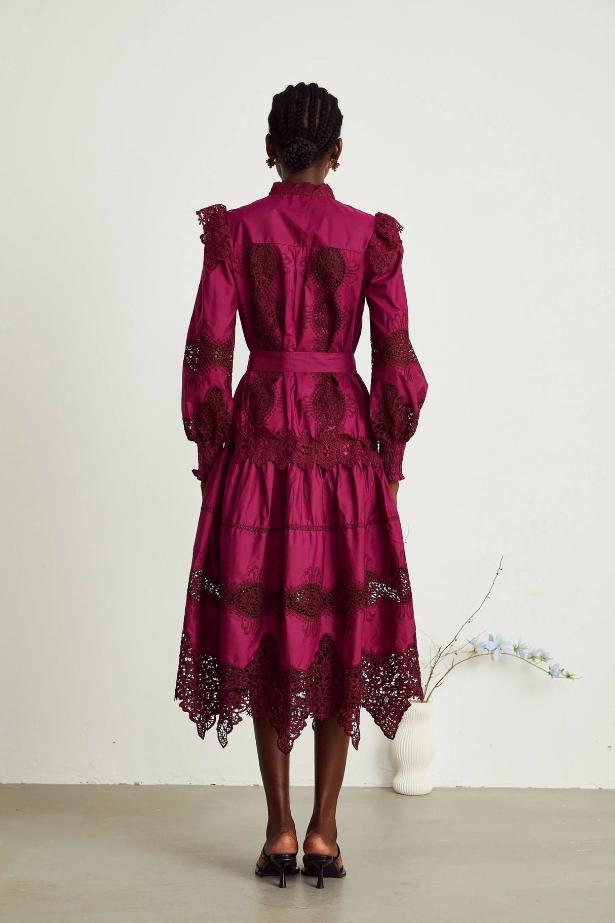 Aubrey Midi Dress - Elegant Wine Red - Guipure Lace Detail - Mock Neck - Button Front - Long Sleeves