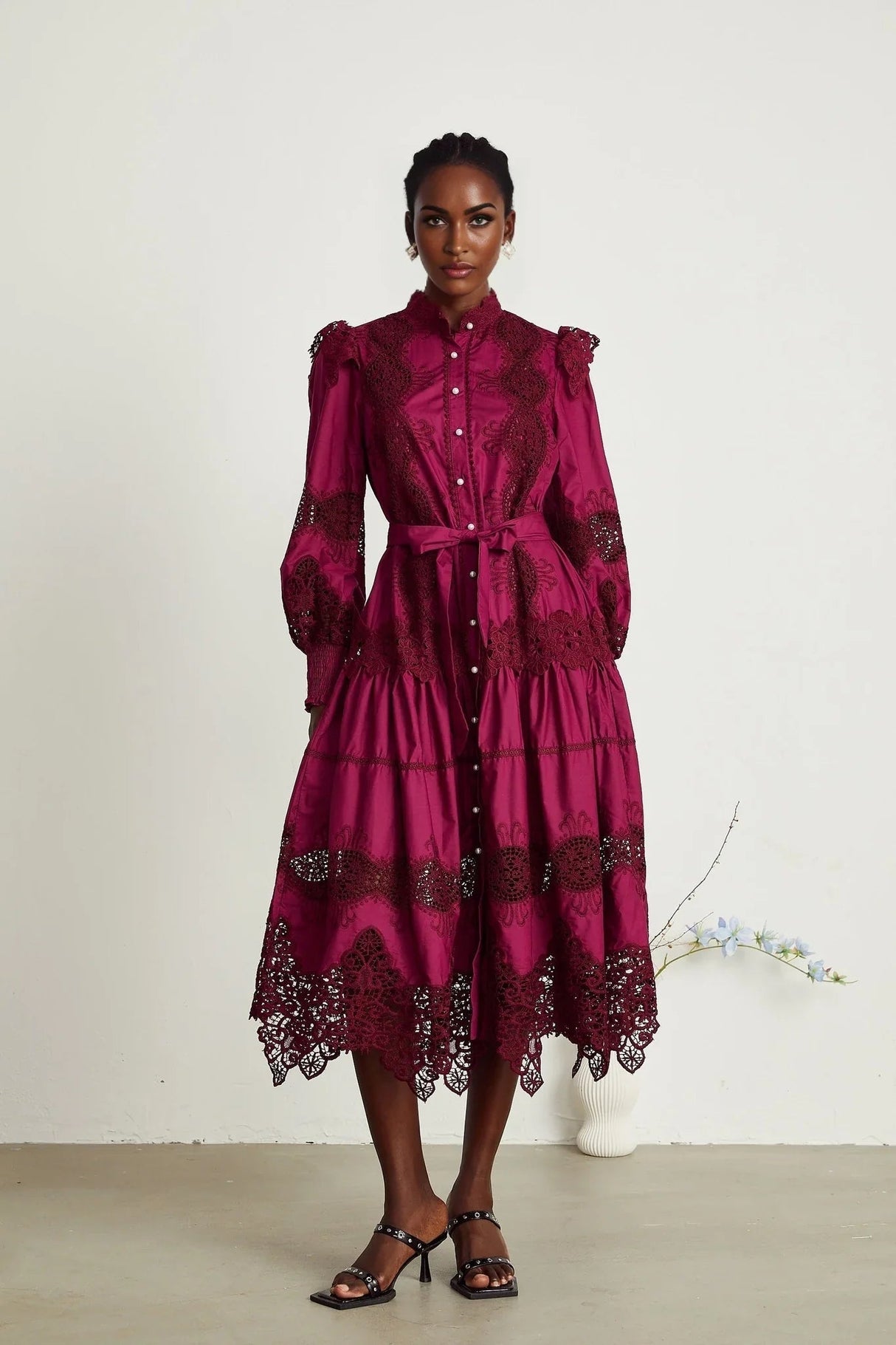 Aubrey Midi Dress - Elegant Wine Red - Guipure Lace Detail - Mock Neck - Button Front - Long Sleeves