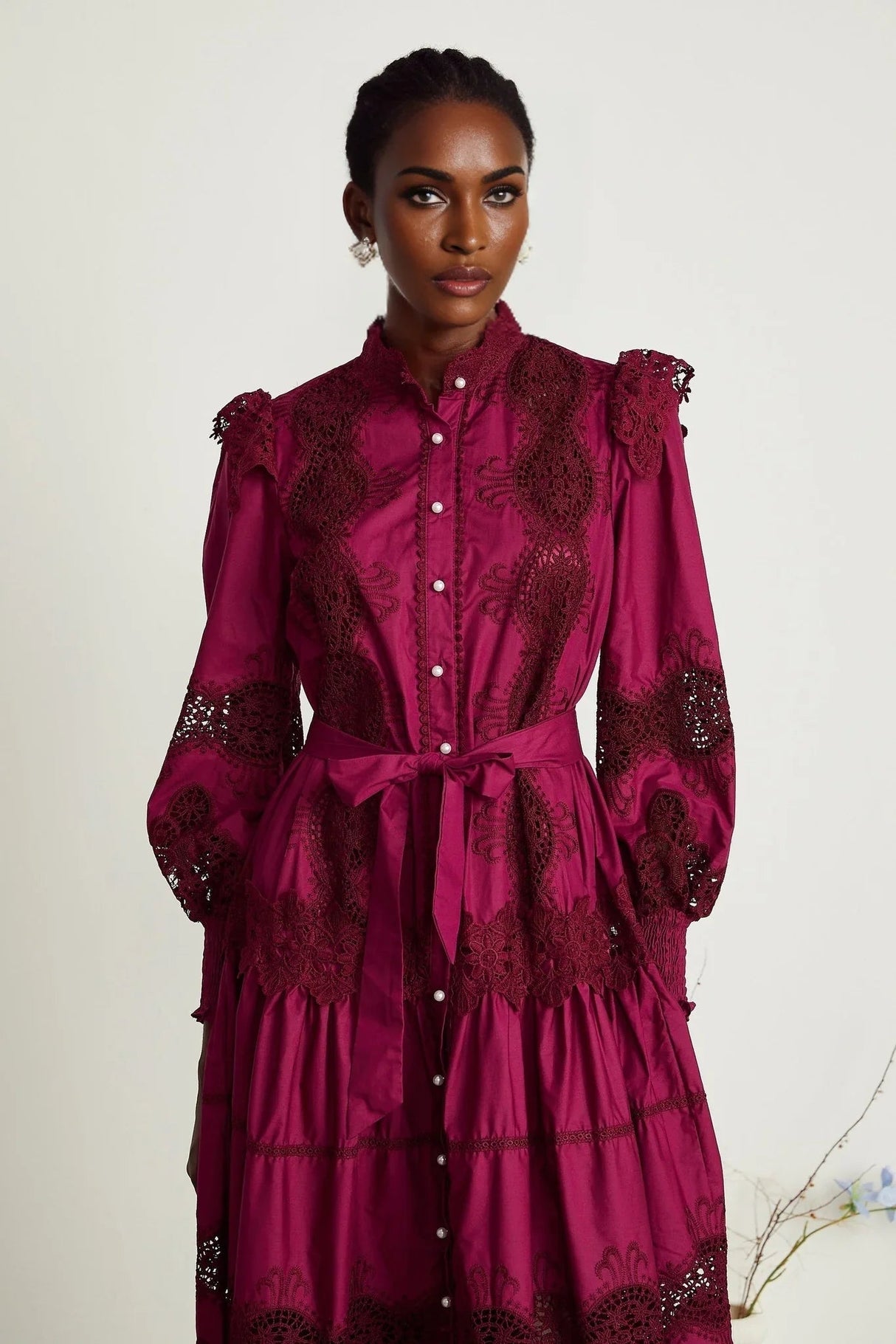 Aubrey Midi Dress - Elegant Wine Red - Guipure Lace Detail - Mock Neck - Button Front - Long Sleeves