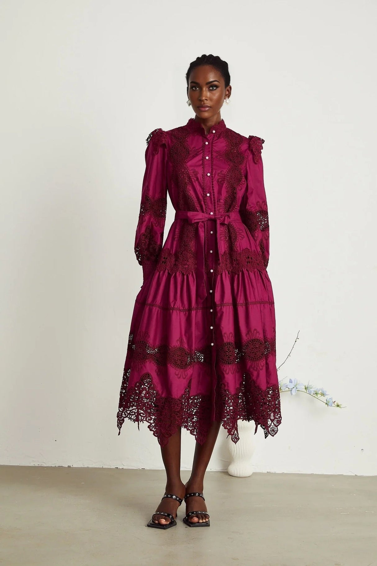 Aubrey Midi Dress - Elegant Wine Red - Guipure Lace Detail - Mock Neck - Button Front - Long Sleeves