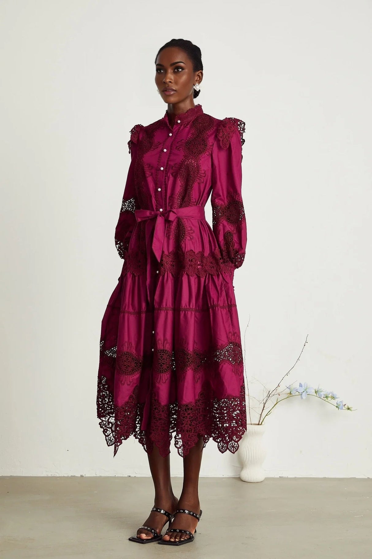 Aubrey Midi Dress - Elegant Wine Red - Guipure Lace Detail - Mock Neck - Button Front - Long Sleeves