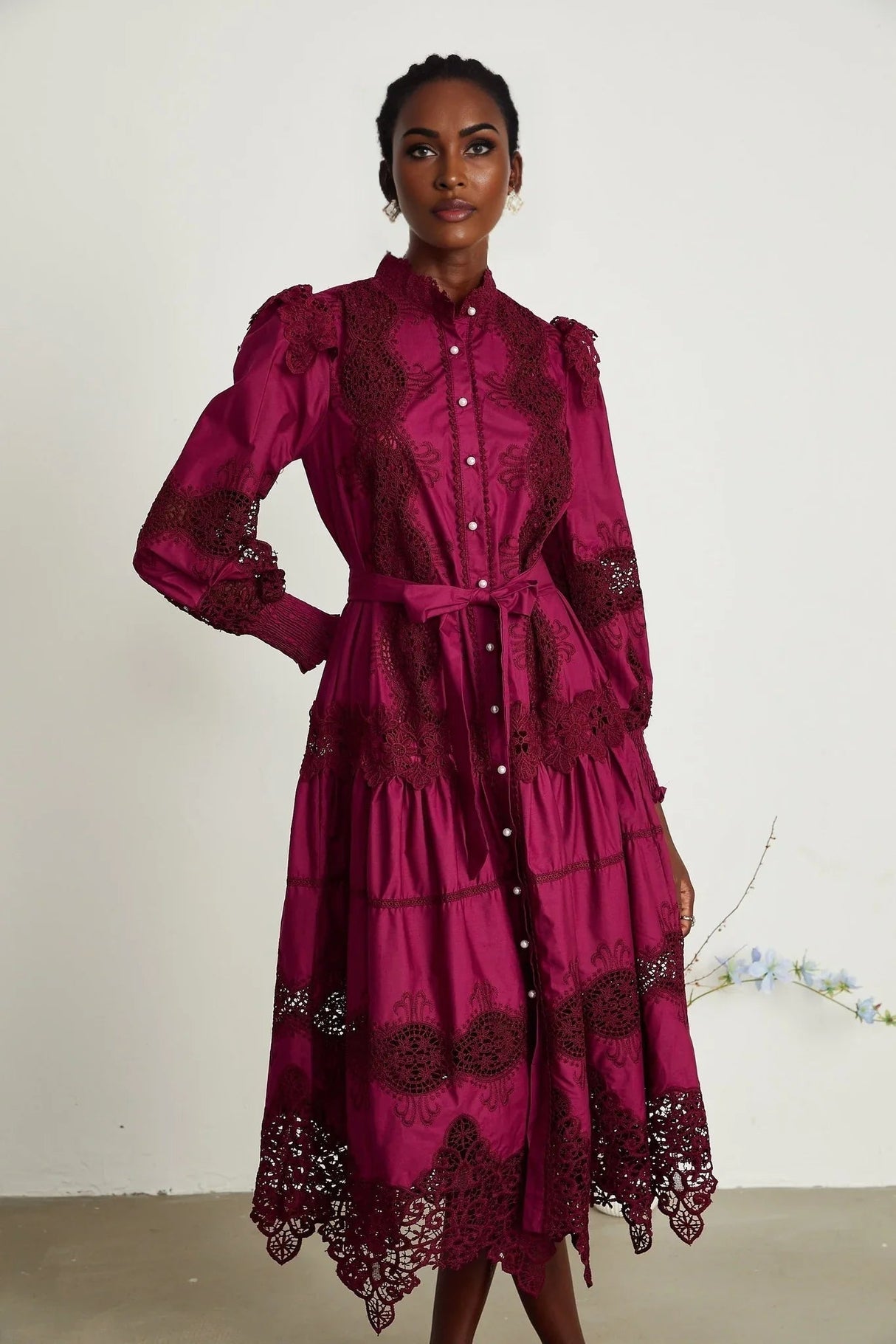 Aubrey Midi Dress - Elegant Wine Red - Guipure Lace Detail - Mock Neck - Button Front - Long Sleeves