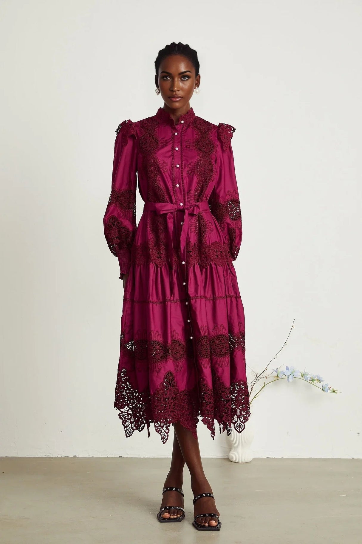 Aubrey Midi Dress - Elegant Wine Red - Guipure Lace Detail - Mock Neck - Button Front - Long Sleeves