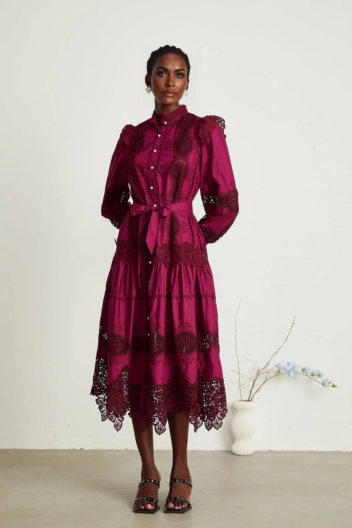 Aubrey Midi Dress - Elegant Wine Red - Guipure Lace Detail - Mock Neck - Button Front - Long Sleeves