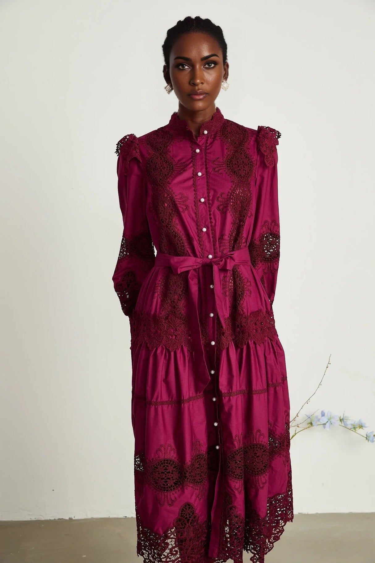 Aubrey Midi Dress - Elegant Wine Red - Guipure Lace Detail - Mock Neck - Button Front - Long Sleeves
