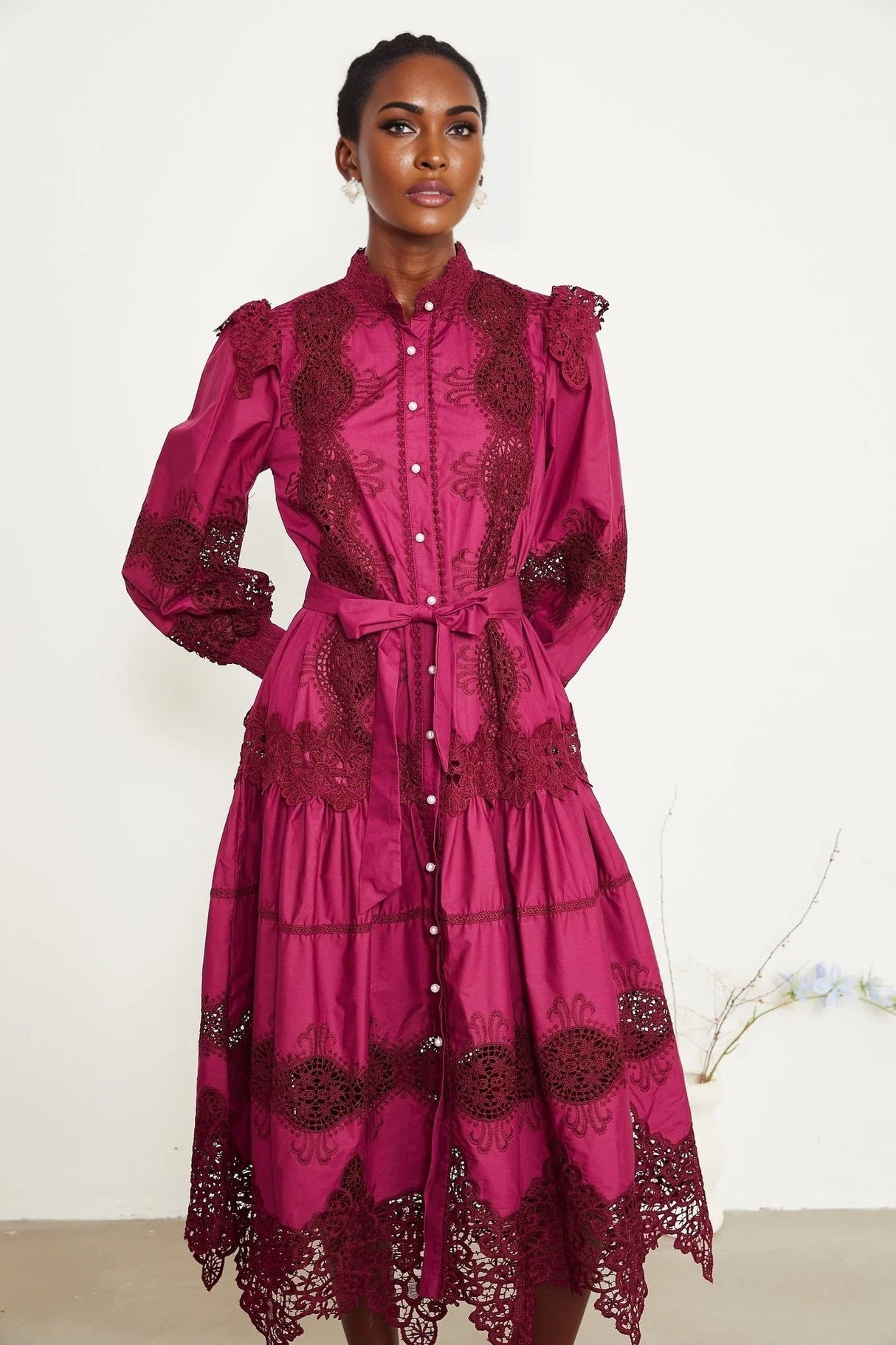 Aubrey Midi Dress - Elegant Wine Red - Guipure Lace Detail - Mock Neck - Button Front - Long Sleeves