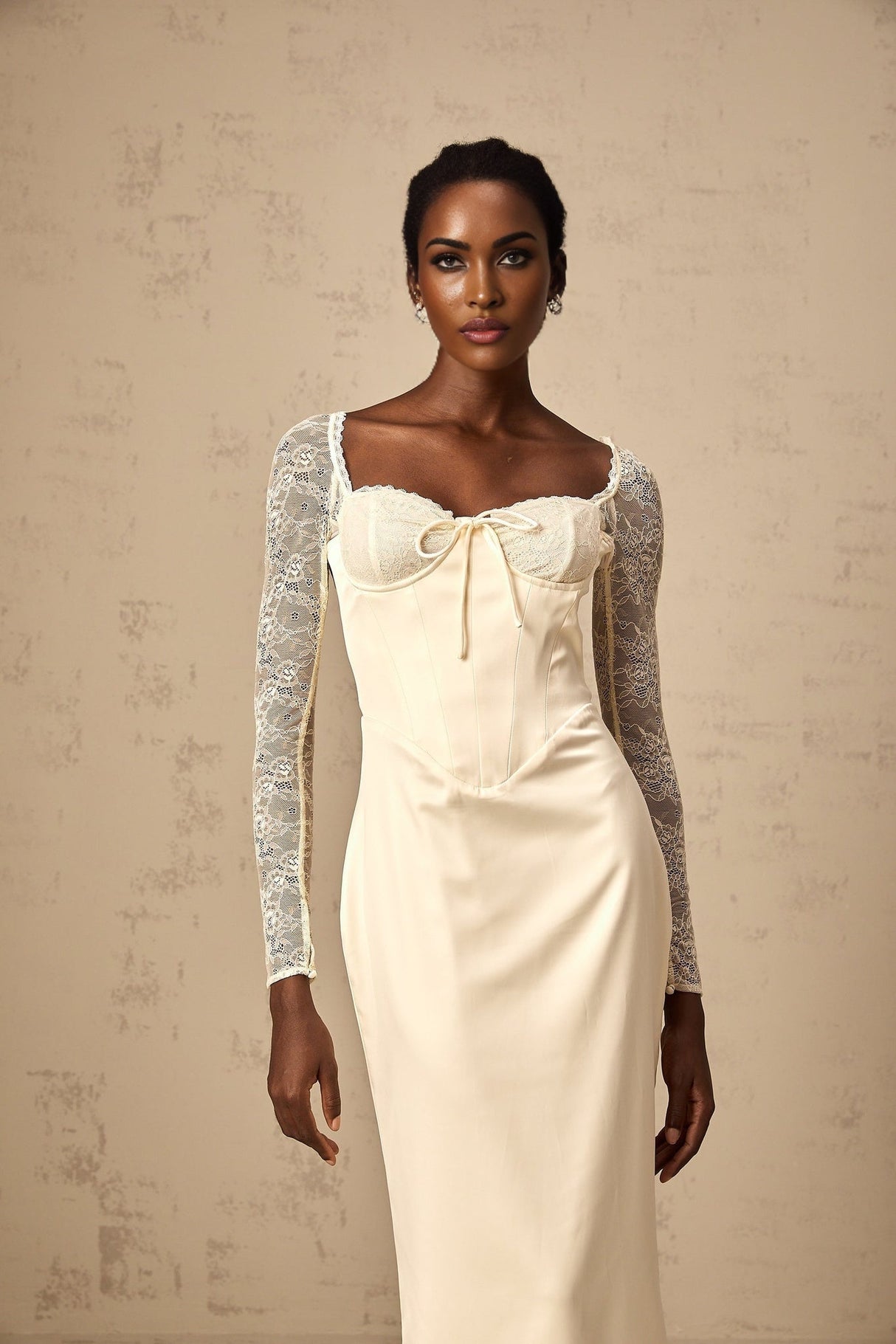 Aubrey Midi Dress - Satin Finish - Lace Panelling - Long Sleeves - Sweetheart Neck