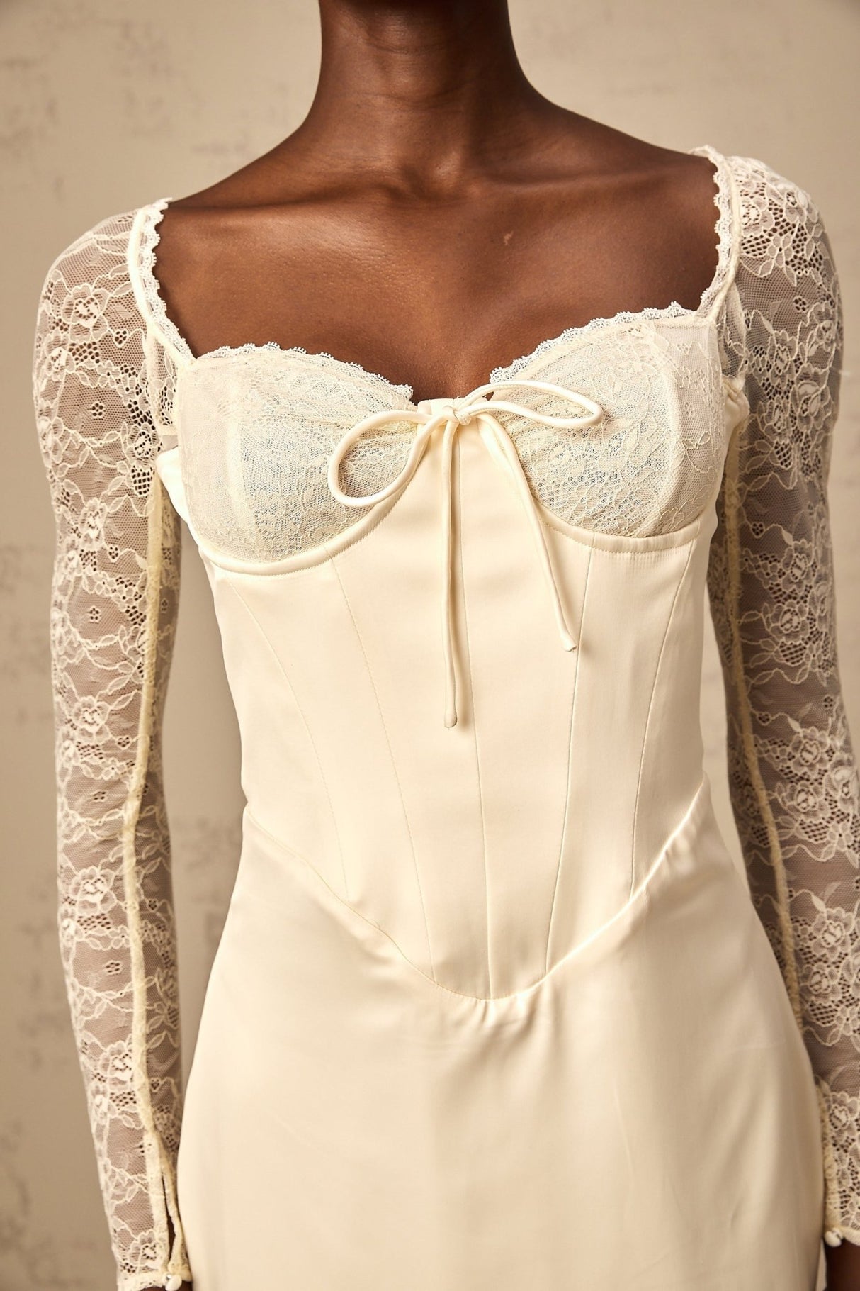 Aubrey Midi Dress - Satin Finish - Lace Panelling - Long Sleeves - Sweetheart Neck