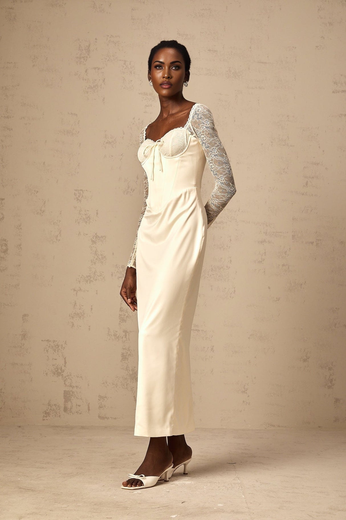 Aubrey Midi Dress - Satin Finish - Lace Panelling - Long Sleeves - Sweetheart Neck