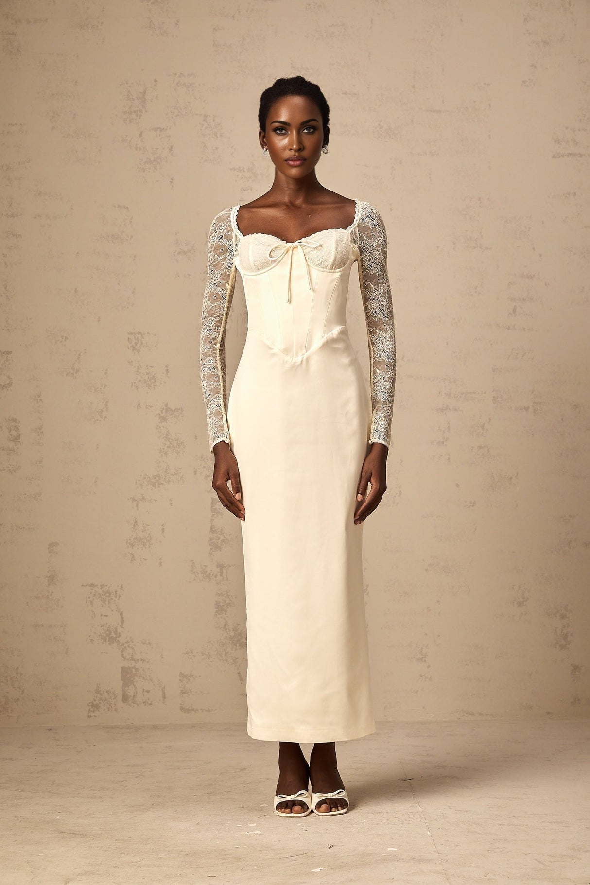 Aubrey Midi Dress - Satin Finish - Lace Panelling - Long Sleeves - Sweetheart Neck