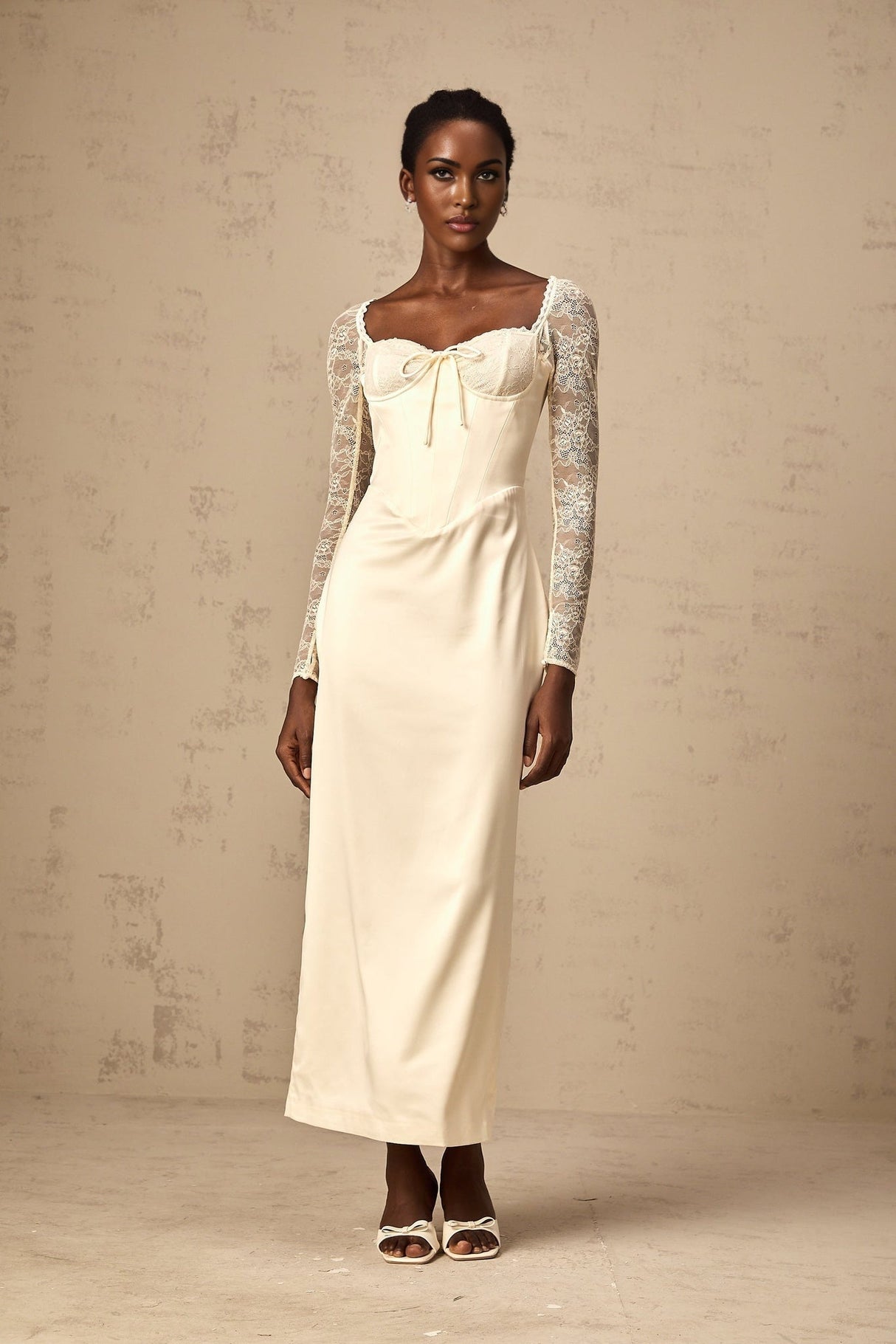 Aubrey Midi Dress - Satin Finish - Lace Panelling - Long Sleeves - Sweetheart Neck