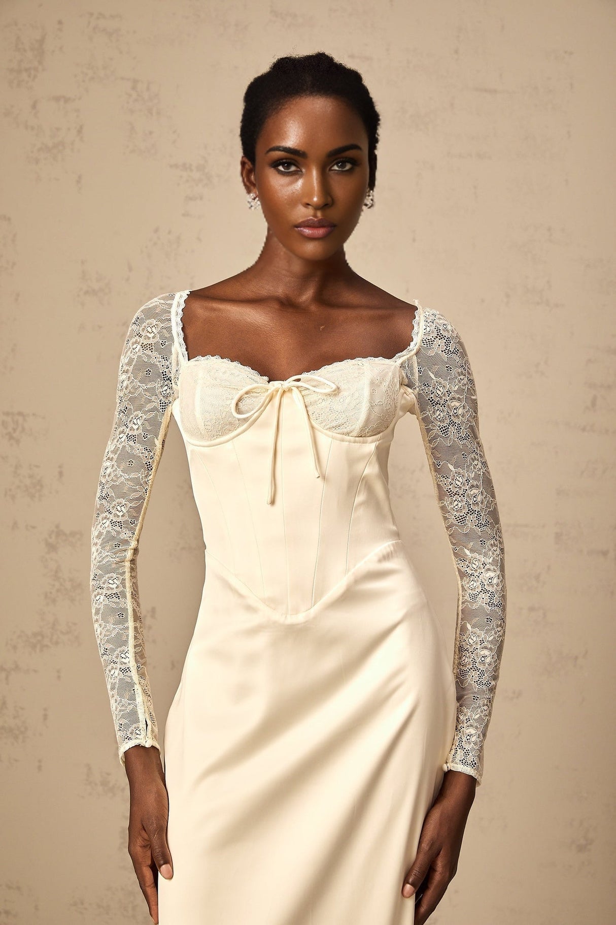 Aubrey Midi Dress - Satin Finish - Lace Panelling - Long Sleeves - Sweetheart Neck