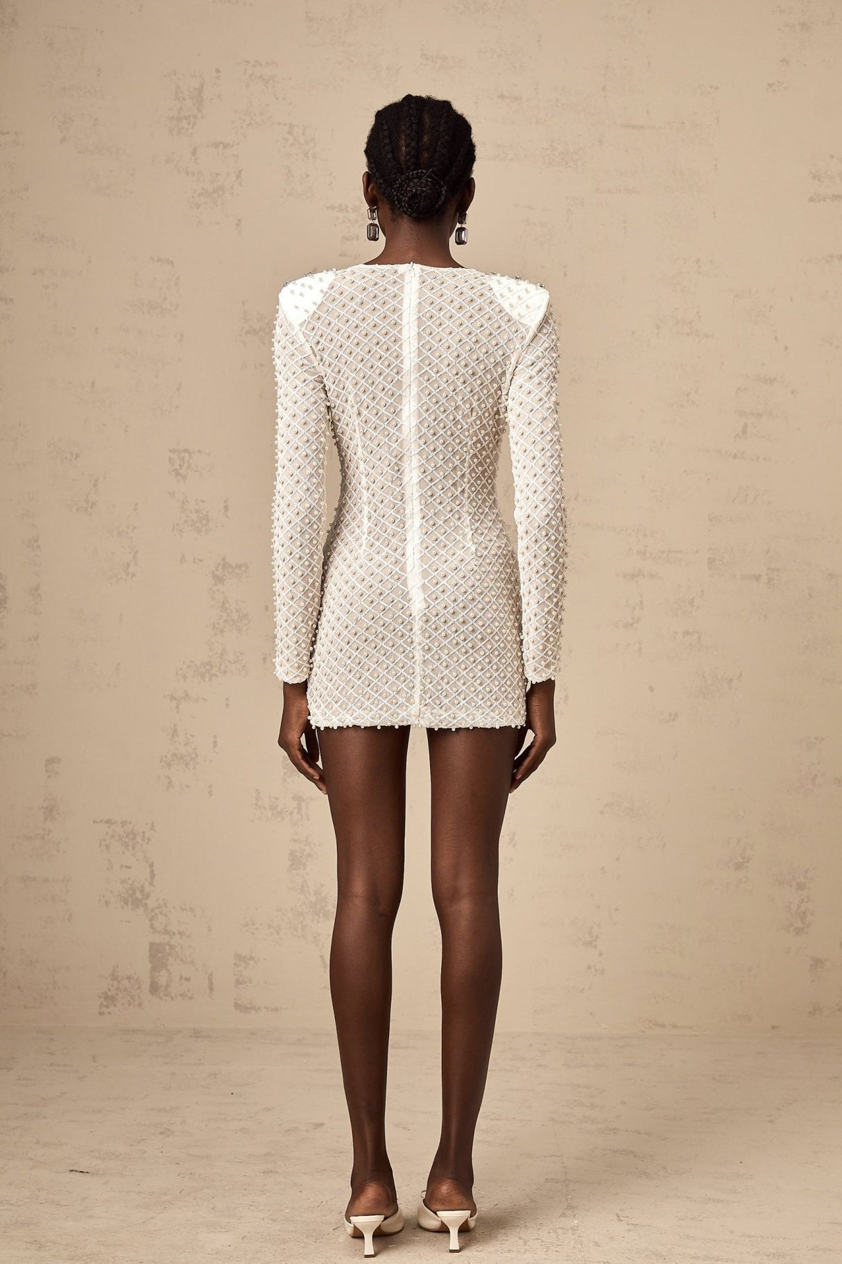 Aubrey Mini Dress - Crew Neck - Long Sleeves - Shoulder Pads - Cut - Out Design