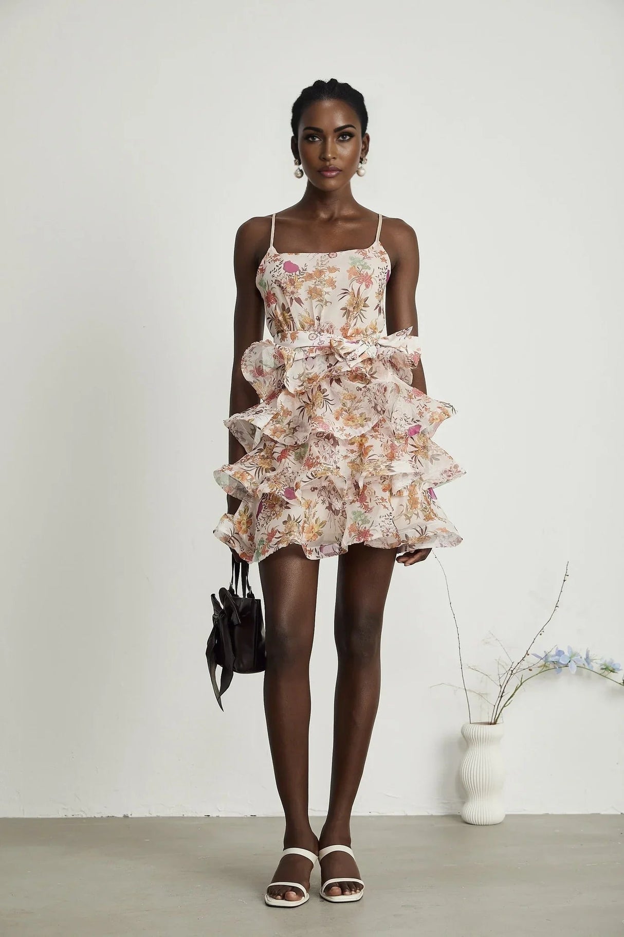 Aubrey Mini Dress - Square Neck Floral Ruffled Trim Belted Flounce Hem