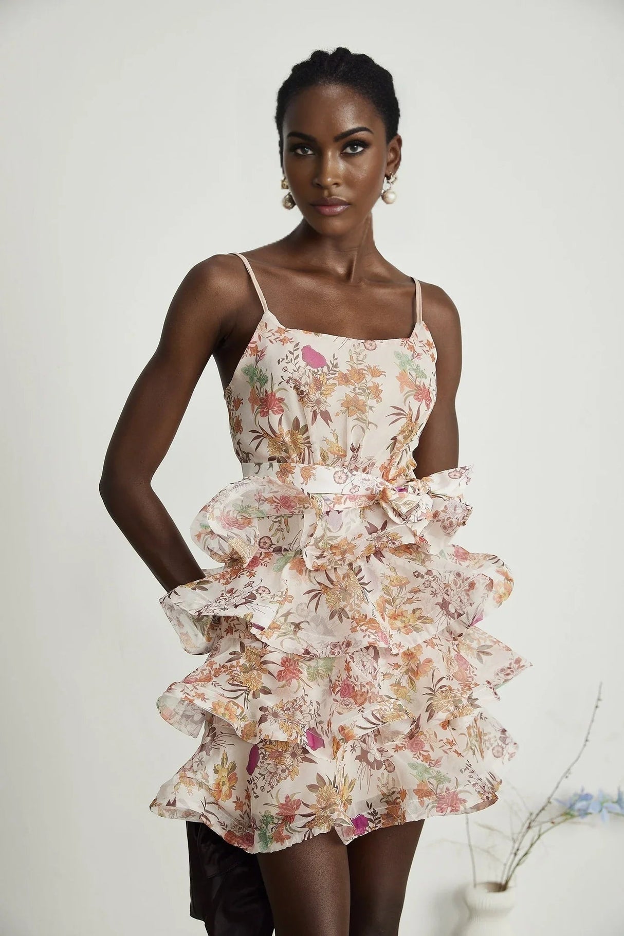 Aubrey Mini Dress - Square Neck Floral Ruffled Trim Belted Flounce Hem