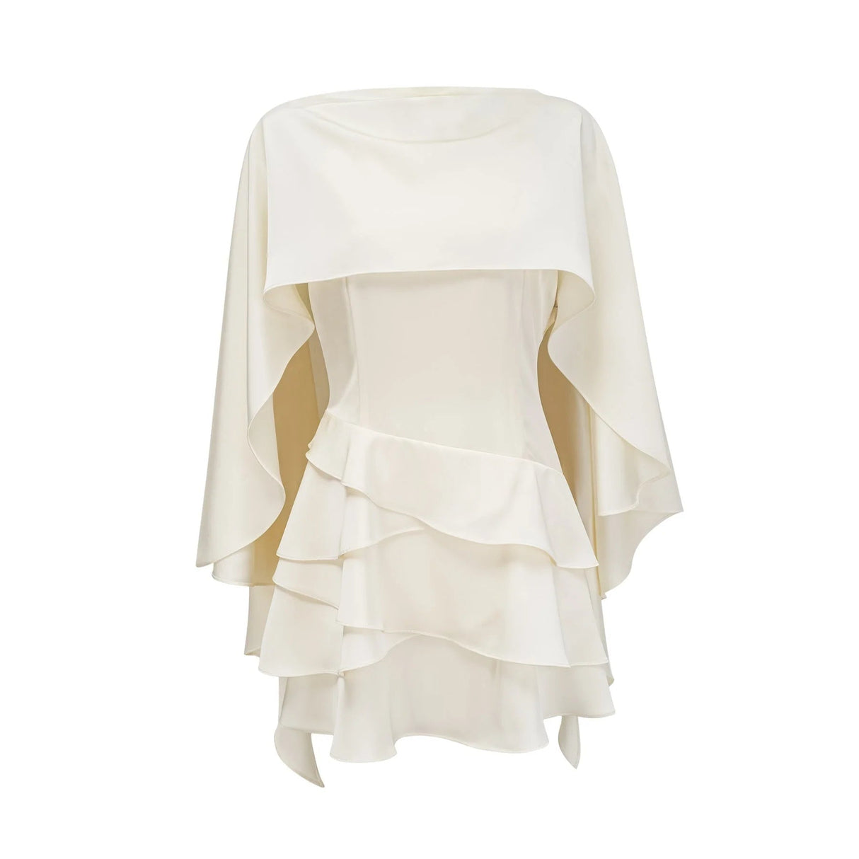Aubrey Mini Dress White Satin Ruffled Shawl Panel Thigh - Length