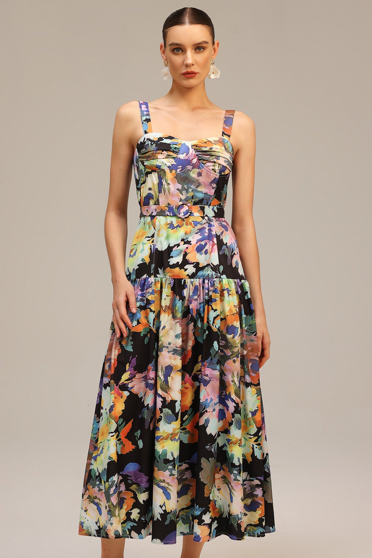 Audrey Black Floral Maxi Dress Halter Neckline Ruched Bust Wedding Garden Party Elegant Fashion Style