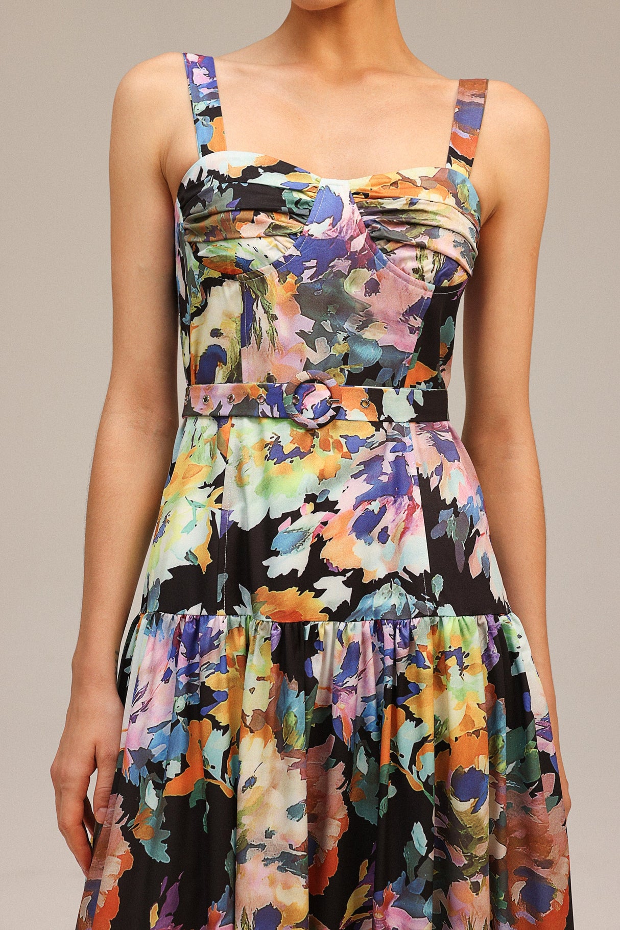 Audrey Black Floral Maxi Dress Halter Neckline Ruched Bust