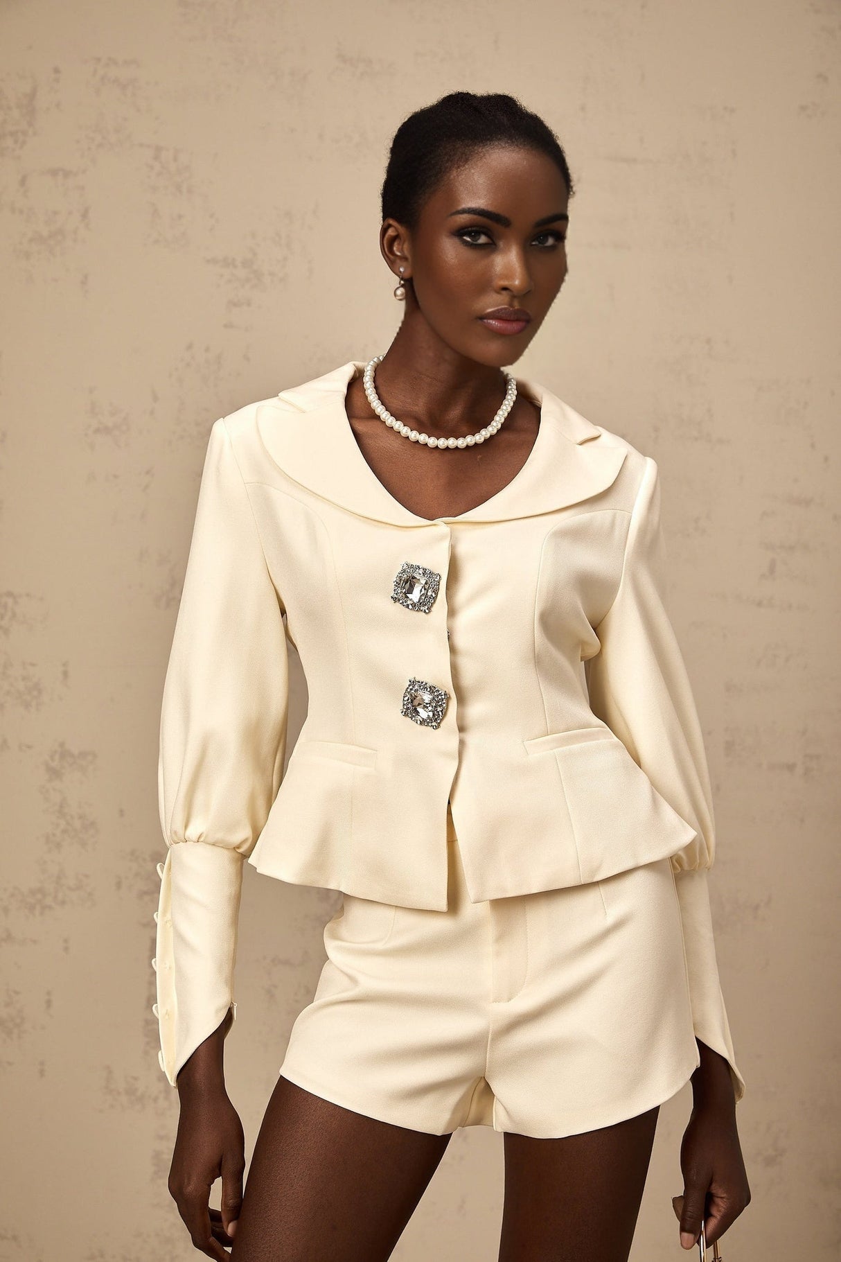 Audrey Jacket & Shorts Set - Notched Lapels - Crystal - Embellished Buttons - Cinched Waist - Flared Hem